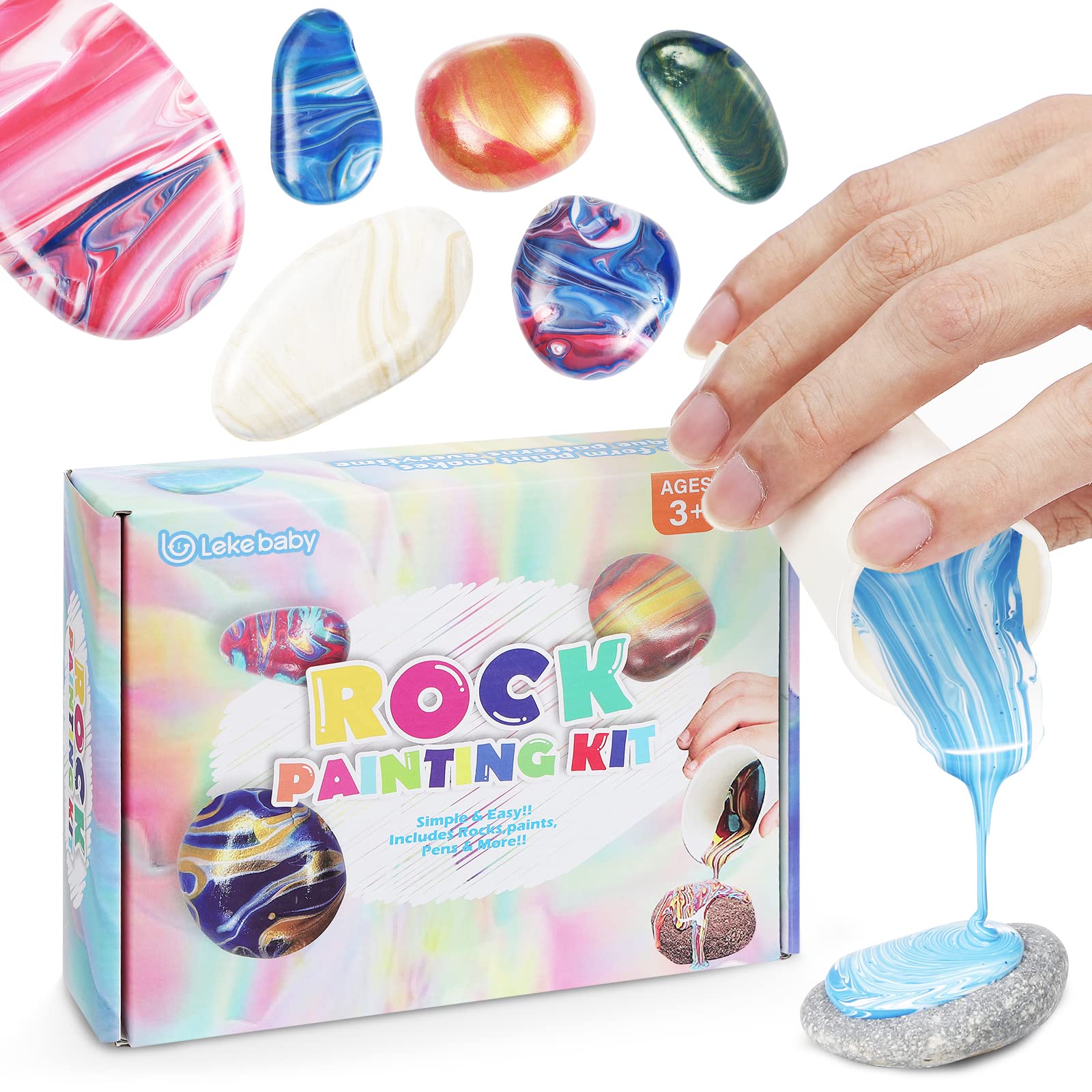 Lekebaby Paint Pour Rock Painting Kit, Fluid Acrylic Paint DIY Making Painting Kit for Kids, Creative Arts and Crafts for Kids Age 6 7 8 9 10 11 12 Years Old
