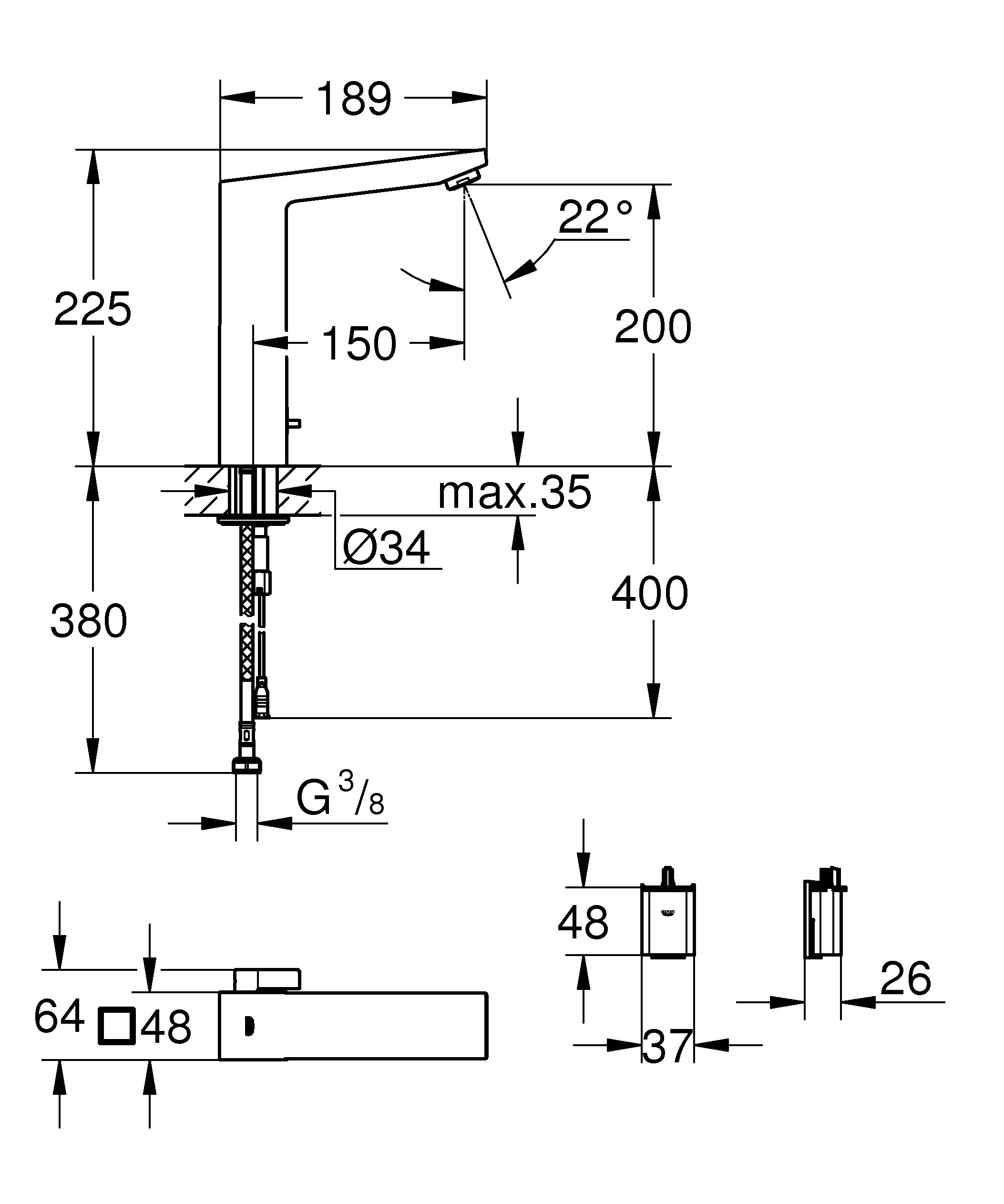 GROHE 36441000 - Eurocube E Mezclador de lavabo electrónico 1/2" Tamaño M con mezclador y limitador ajustable de temperatura
