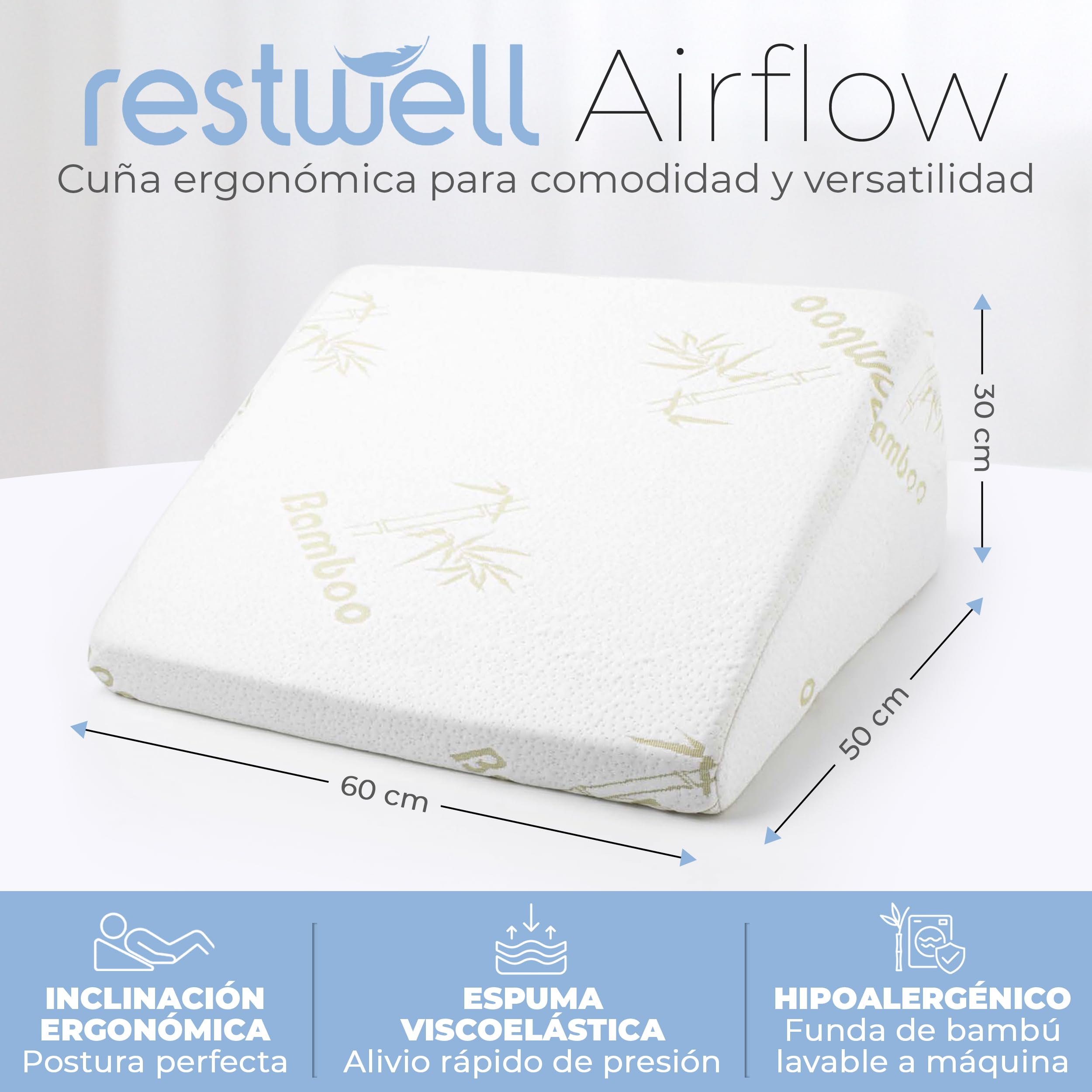 Restwell® Almohada Cuña Ergonómica 60 cm de Ancho | Cojin Respaldo para Leer Ver TV o Trabajar con Portátil en Cama y Sofá | Soporte Cómodo de Espalda | Viscoelástica Transpirable | 2 Fundas Incluidas