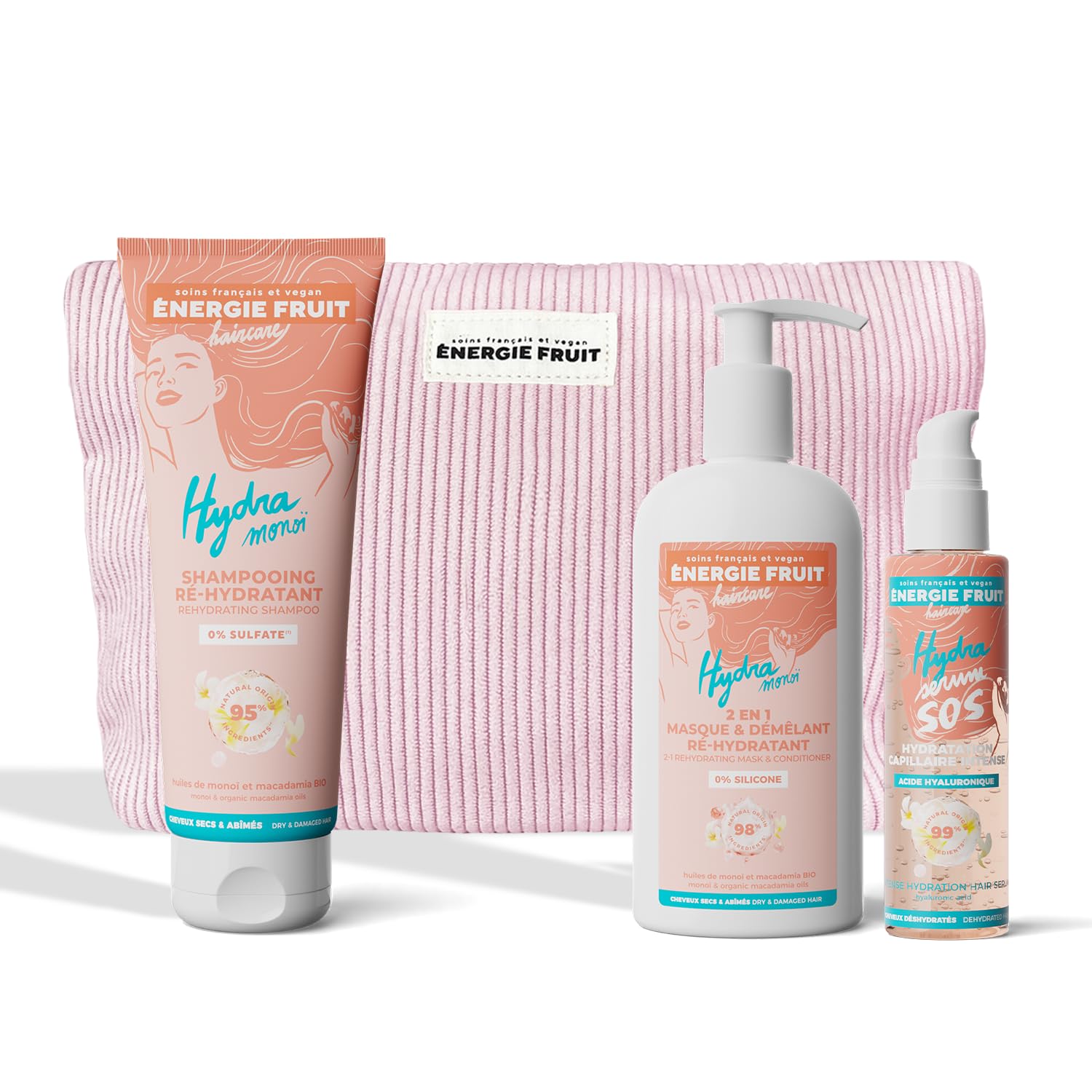 ENERGIE FRUIT - Coffret cadeaux routine capillaire cheveux secs abîmés - Monoi et acide hyaluronique - Trio shampooing réhydratant, masque hydratant, sérum protecteur - Trousse offerte