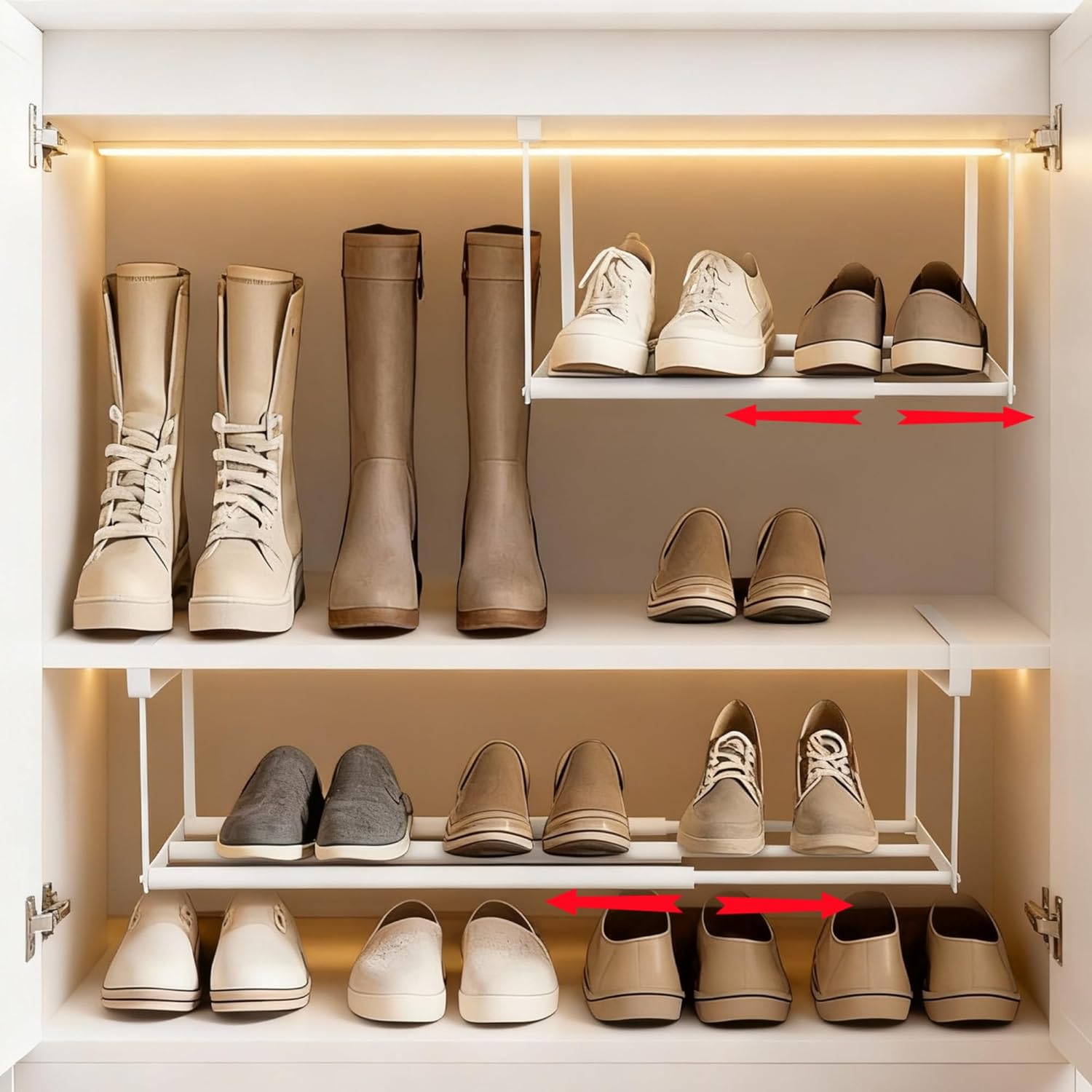 eygeufg Expandable Shoe Rack Organizer – Hanging Adjustable Shoe Rack for Closet & Under-Cabinet Storage Shelf, Ideal for Kitchen, Bedrooms, Laundry Rooms (White, 2 Pcs)