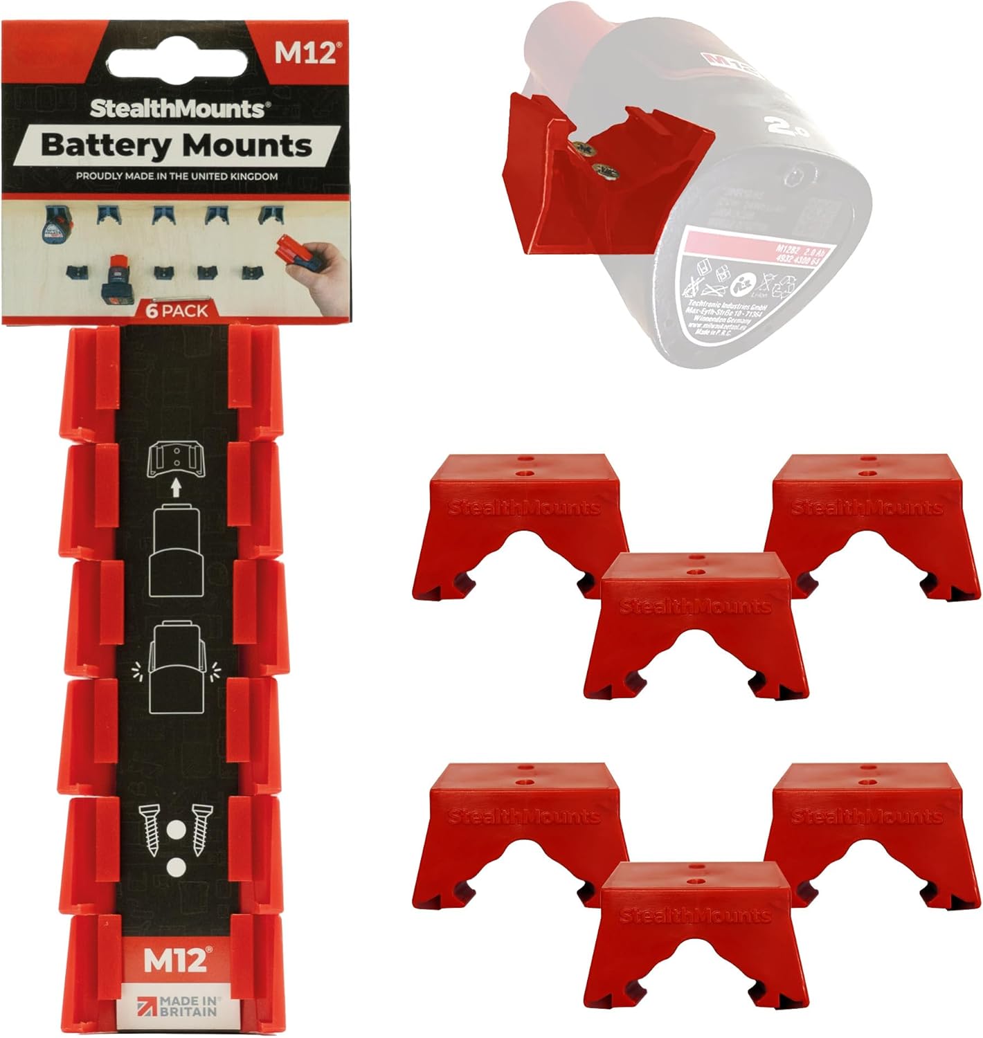 StealthMounts M12 Battery Holder 6 Pack - ABS Plastic Milwaukee Battery Storage, Wall Mount, UK Made