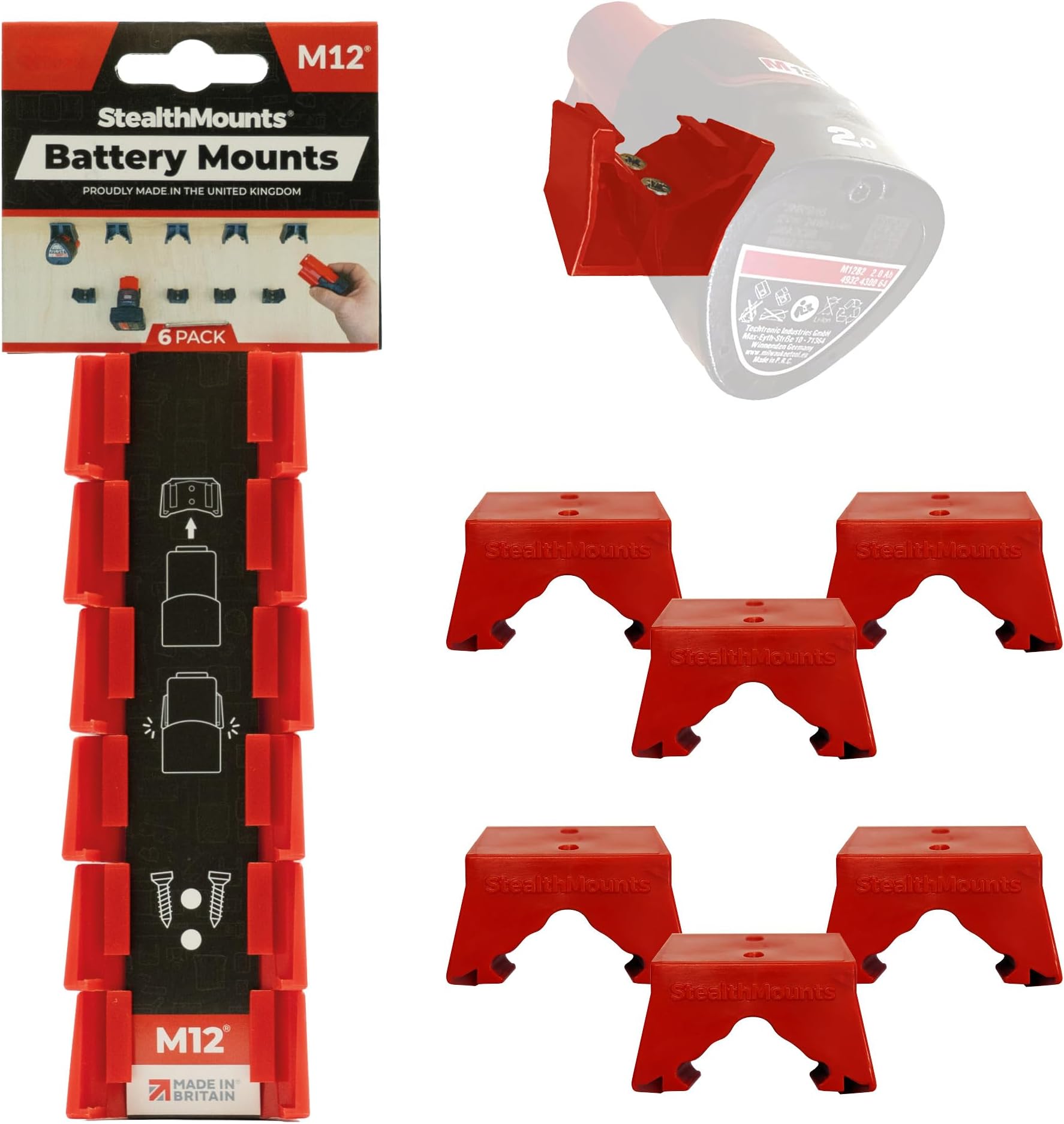 StealthMounts Battery Mounts Compatible withMilwaukee M12 – 6 Pack Battery Holders | Red| Wall Holders for Cordless Power Tool Storage & Organisation | Made in The UK