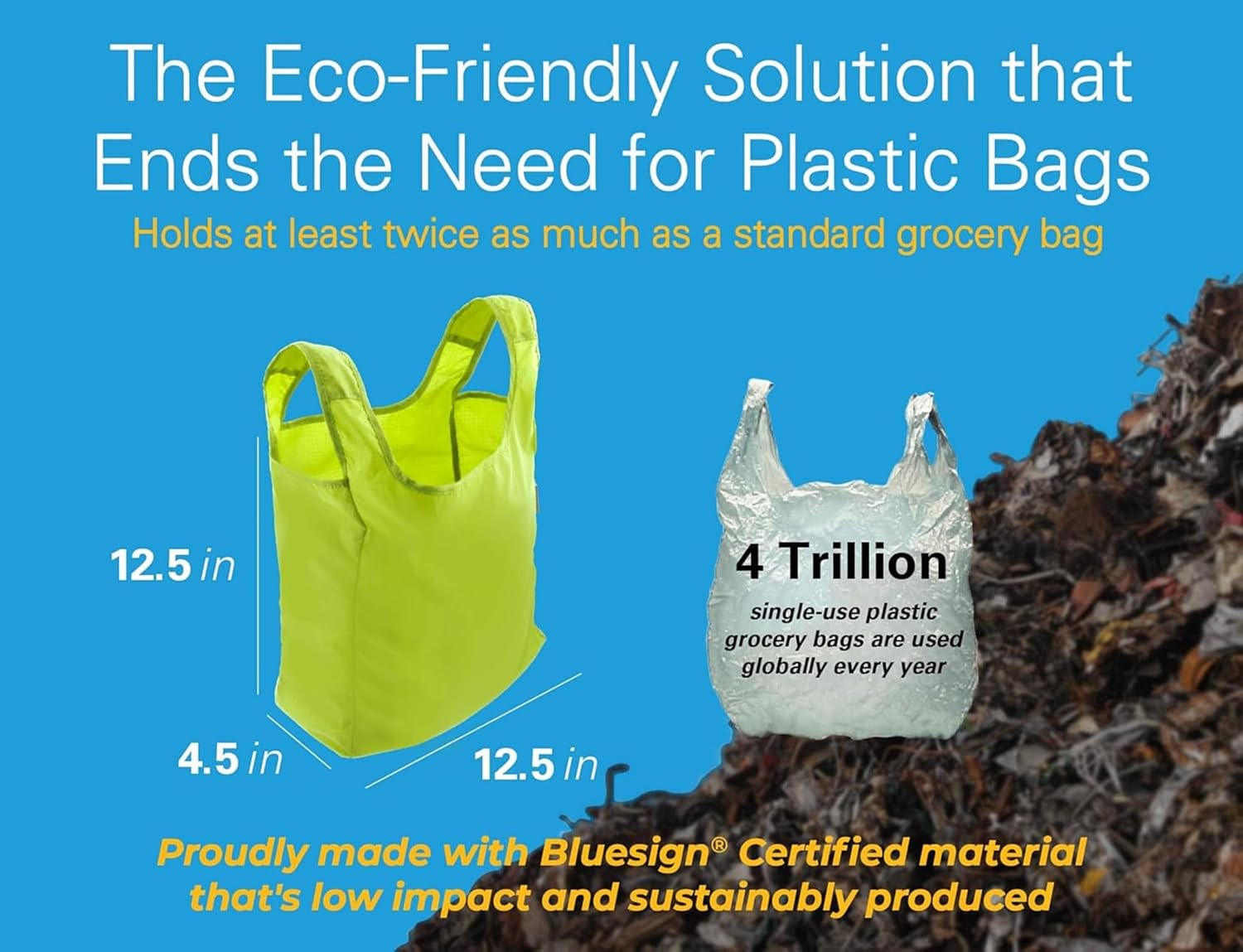 Reusable Grocery Bags, Made From Ripstop Nylon Hold 50lbs, Foldable Shopping Bags in Compact Pod with Carry Clip, 5 Pack in Green