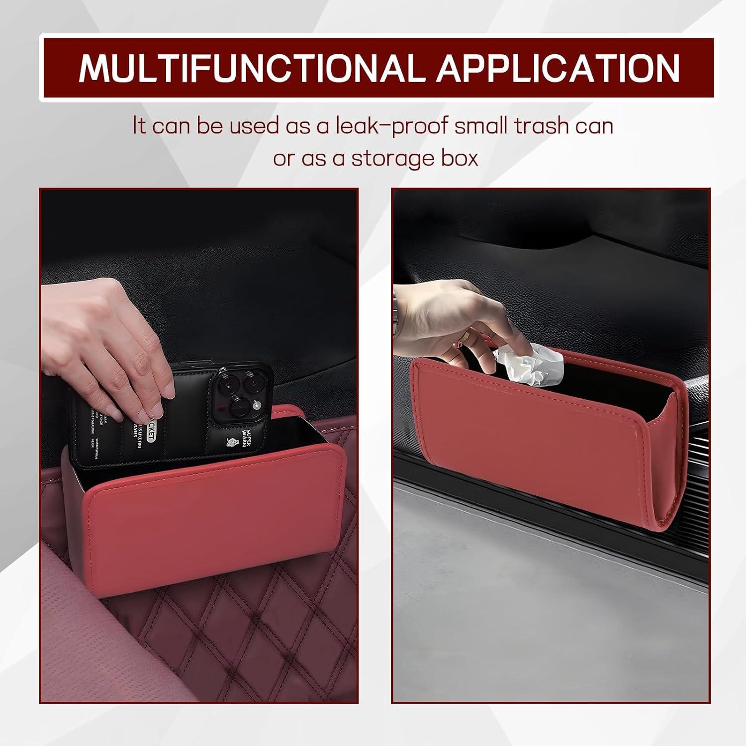 Hovom Car Trash Can, Leather Vehicle Dustbin with Trash Bags, Wine Red image 5