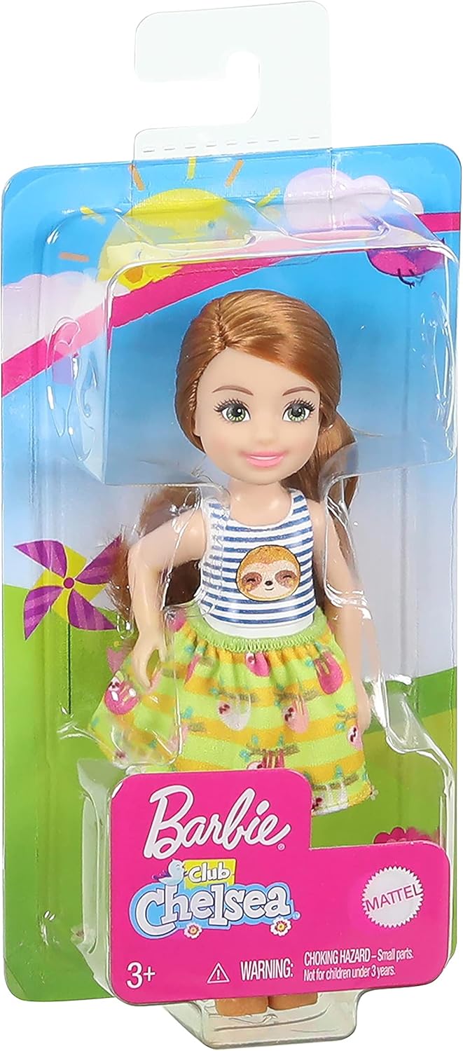 Barbie Club Chelsea Doll (6-inch) with Red Hair, Wearing Sloth Graphic and Skirt, for 3 to 7 Year Olds