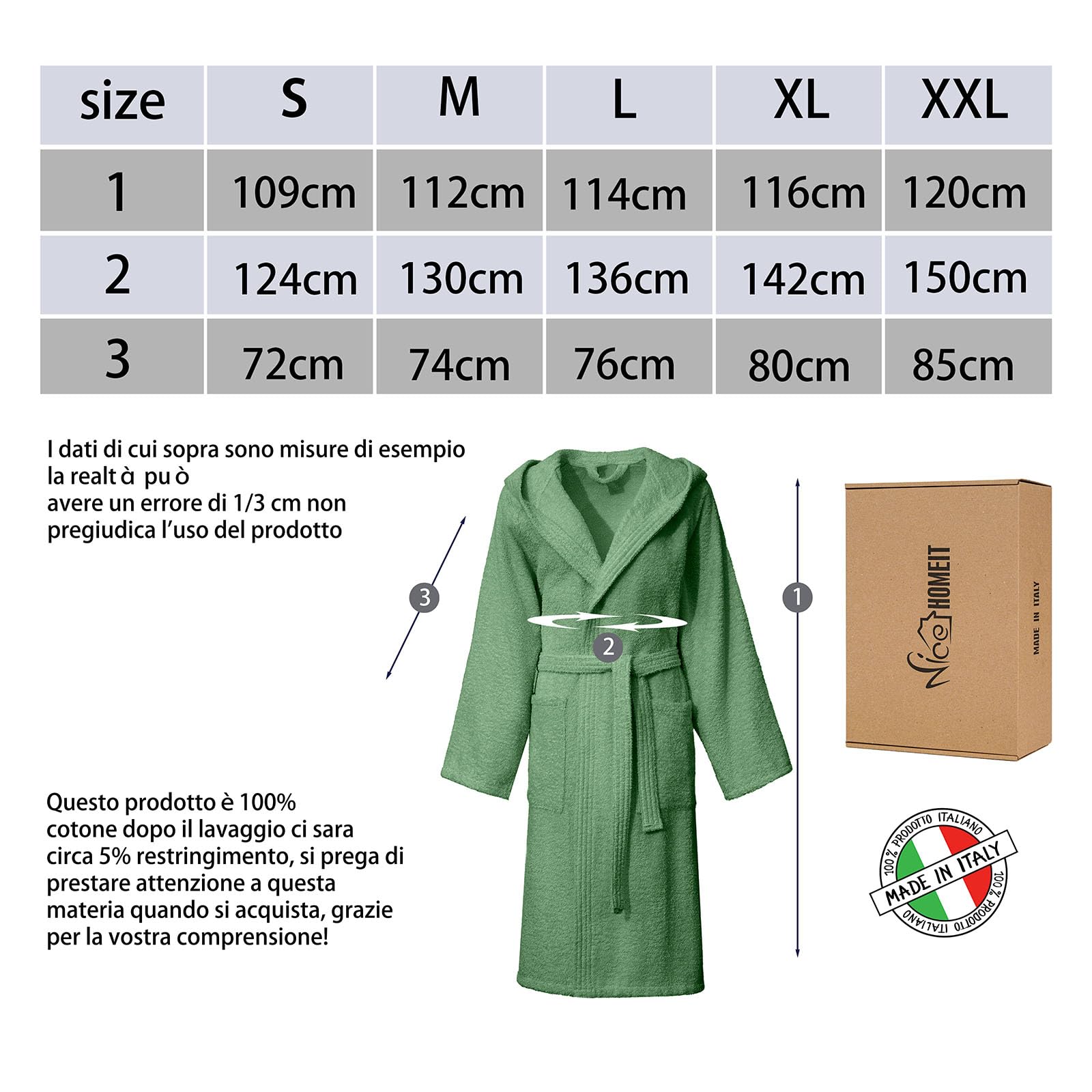 Albornoz unisex para mujer/hombre con capucha, de rizo de algodón 100% OEKO-TEX – suave, absorbente, diseño italiano