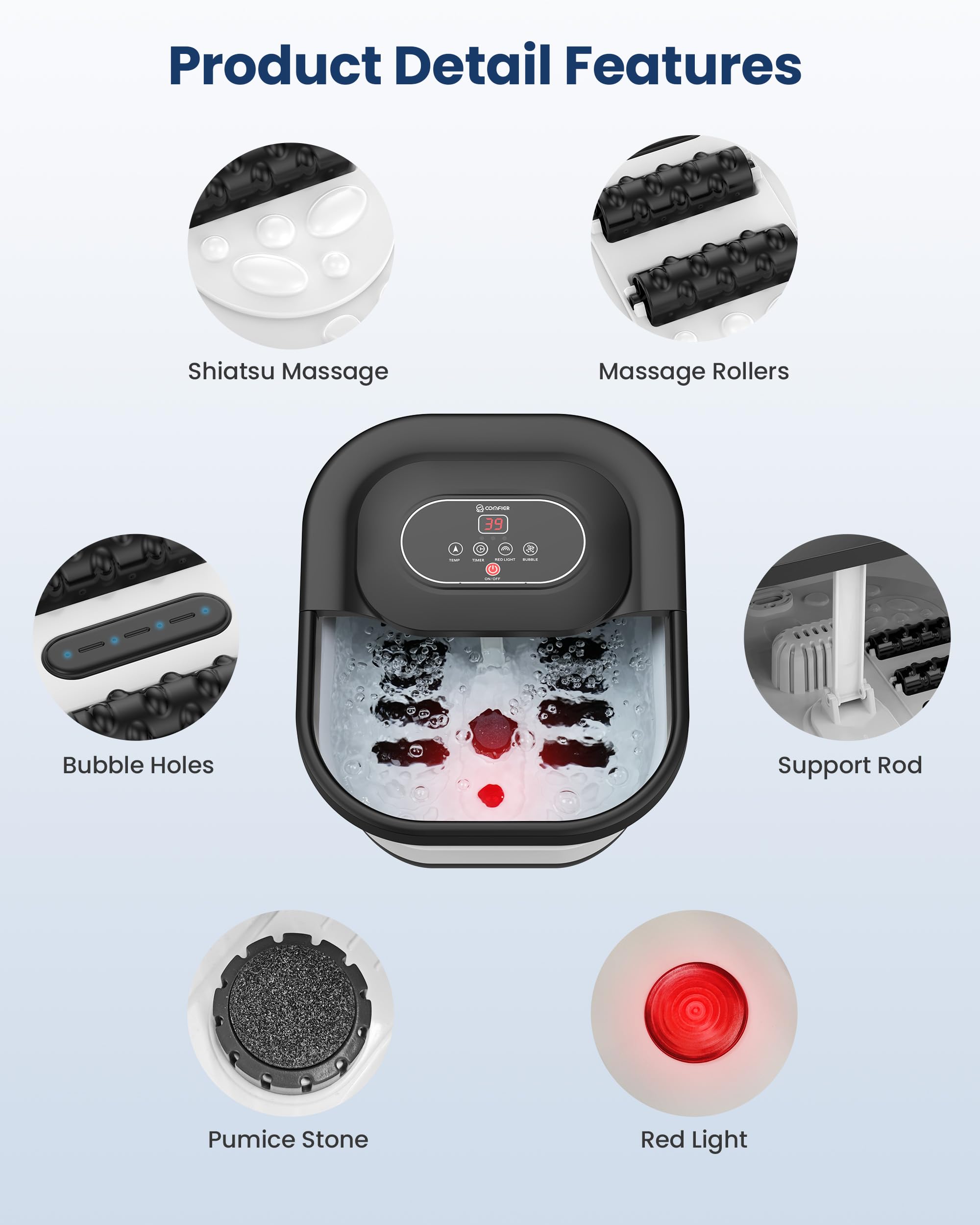 COMFIER Spa per Pies con Función de Calor Baño de Pies con Función de Burbujas y Vibración, Control de Temperatura, Piedra Pómez para Pedicura, Temporizador Inteligente, Regalos para Mujeres(Negro)