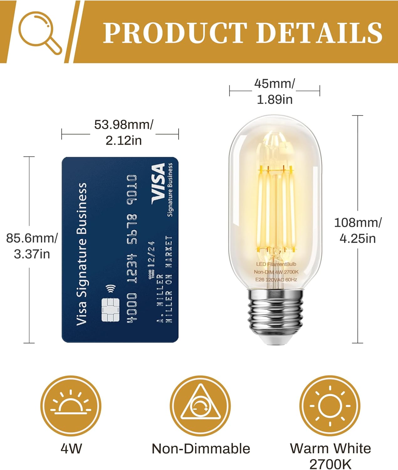 DORESshop 6 Pack LED Edison Bulbs, 4W Edison Light Bulbs, LED Filament Bulbs 40W Equivalent, E26 Base, T45 LED Bulb with Clear Glass, Warm White 2700K, Non Dimmable, Great for Home, Bedroom, Office