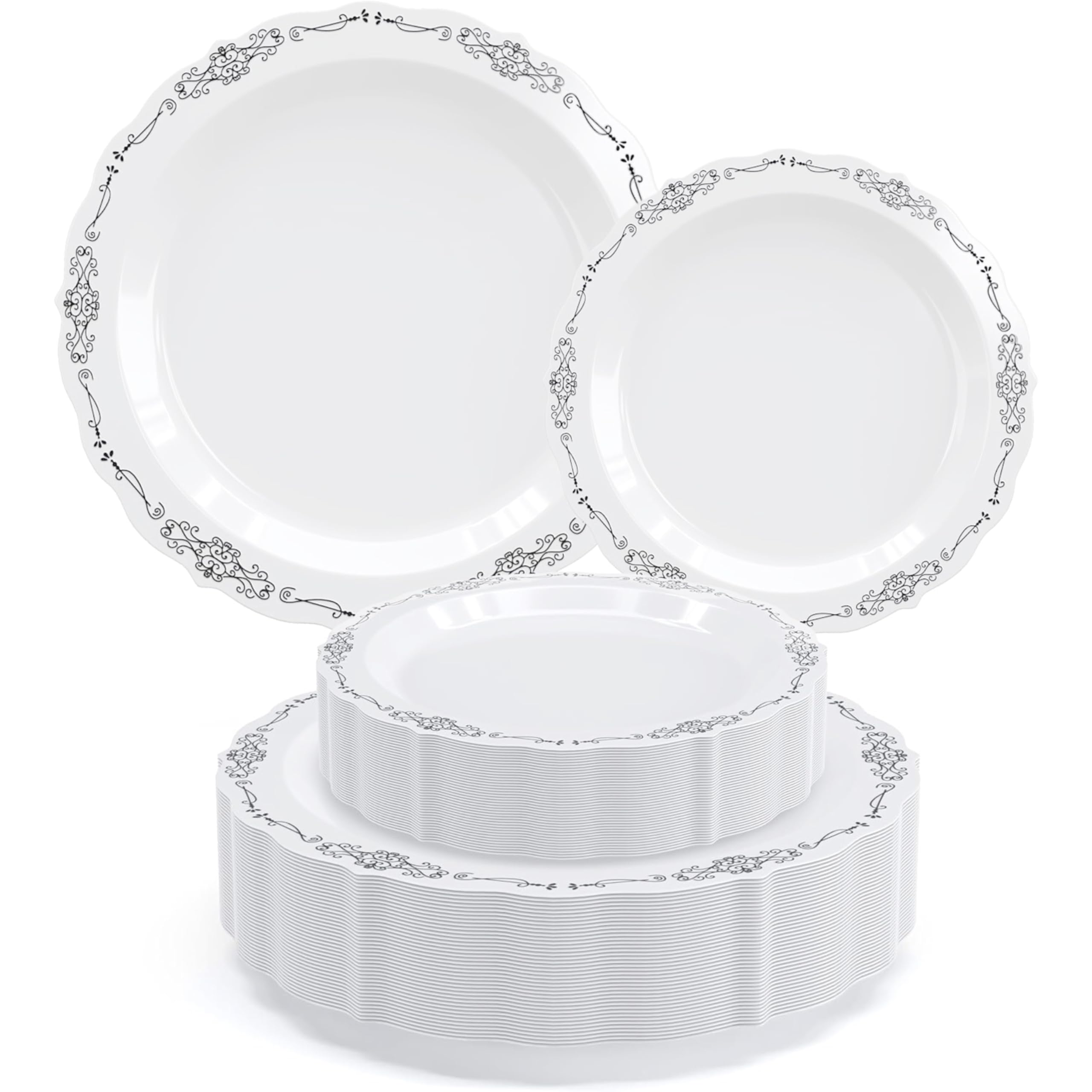 Exquisite Victorian Plastic Plates 80-Piece Party Set for 40 Guests - 40x7.5 inch Dessert & 40x10.25 inch Dinner Plates - Heavy Duty, Disposable,