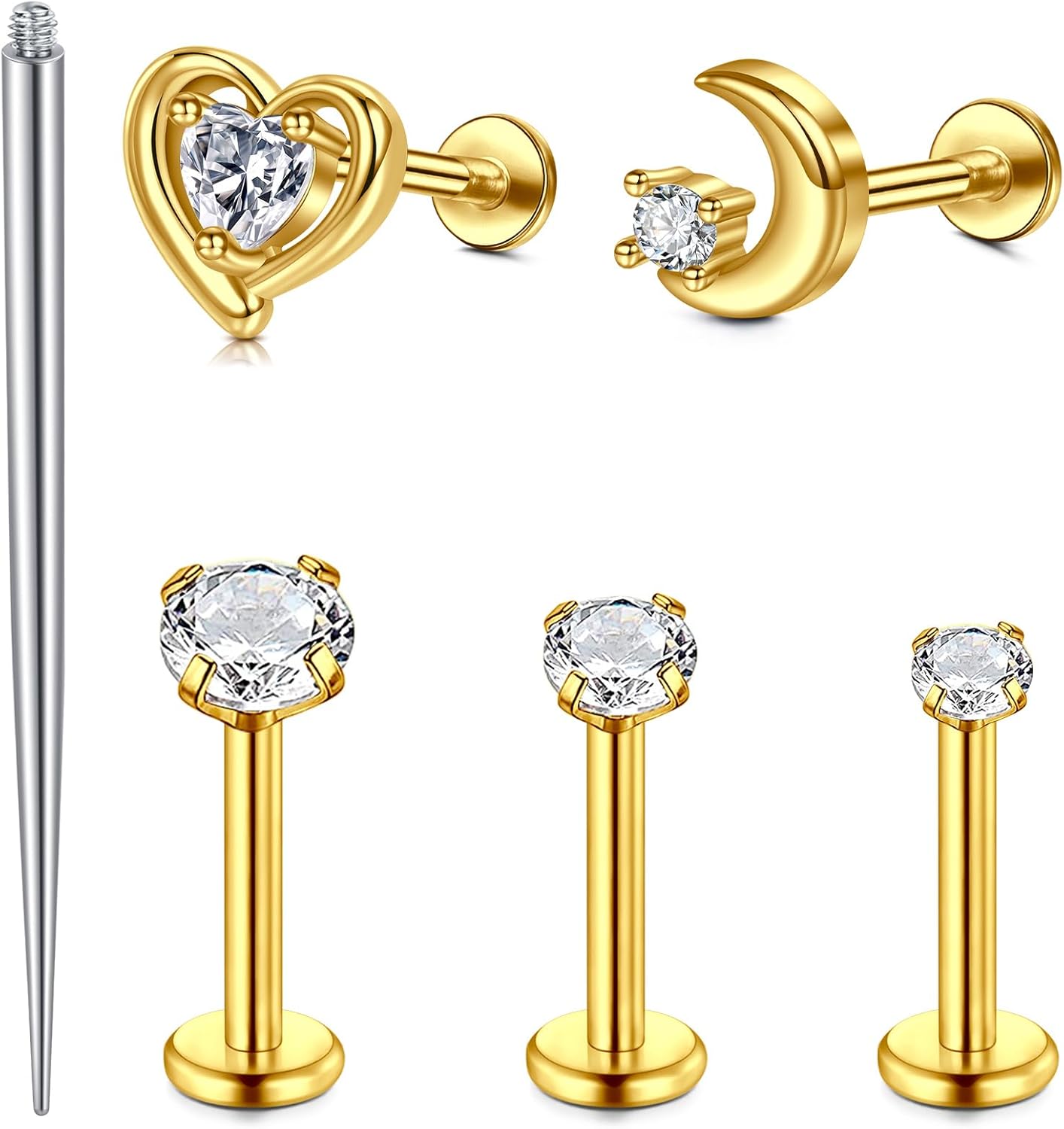 FECTAS 16G Flatback Stud Earrings for Women Hypoallergenic Internal Thread Silver Gold Cartilage Earring Tragus Helix Conch Nose Lip Monroe Labret Medusa Piercing Jewelry