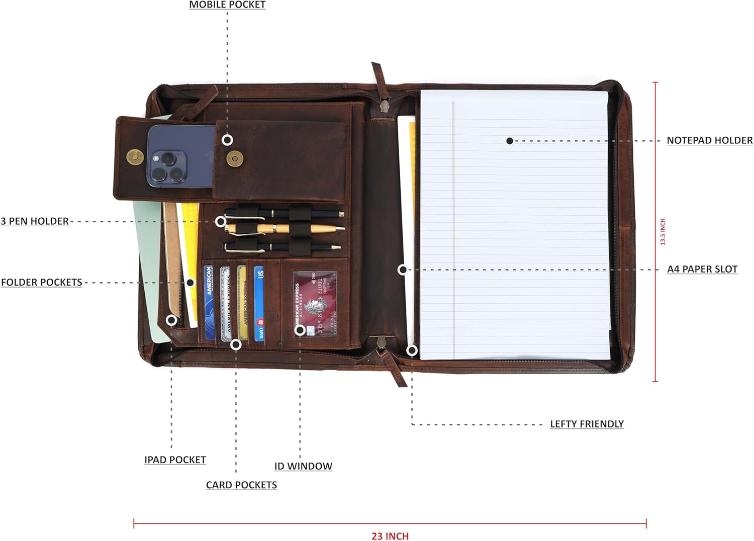 Leather Portfolio for Men, Portfolio Organizer with Zipper for Men Women, Leather Padfolios Business Resume Legal Pad Notebook Binder for A4/Pad (Brown) - Image 2