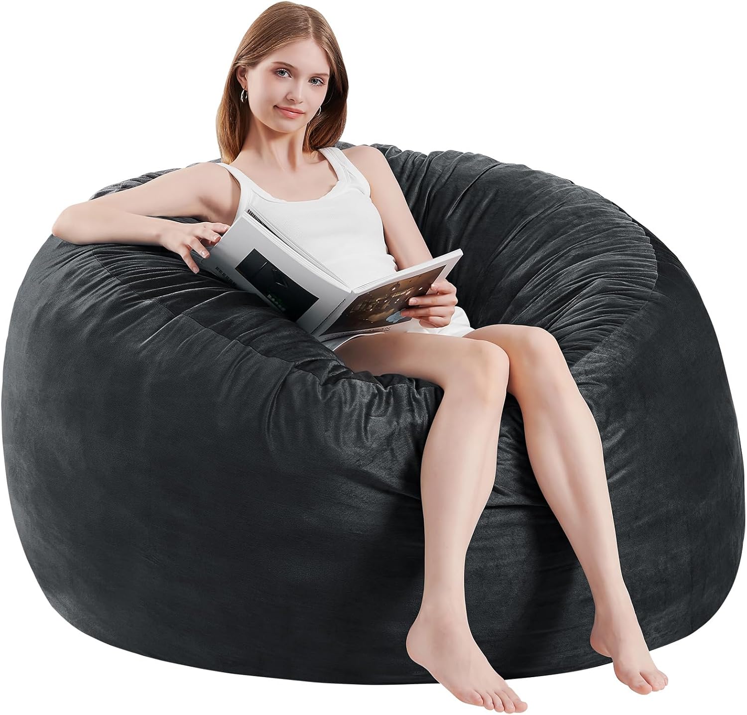 Bean Bag Chairs for Adults - Memory Foam Furniture BeanBag Chair - Kids/Teens Sofa with Soft Micro Fiber Cover - Round Fluffy Couch for Living Room Bedroom College Dorm - Carbon Black Medium Carbon Black