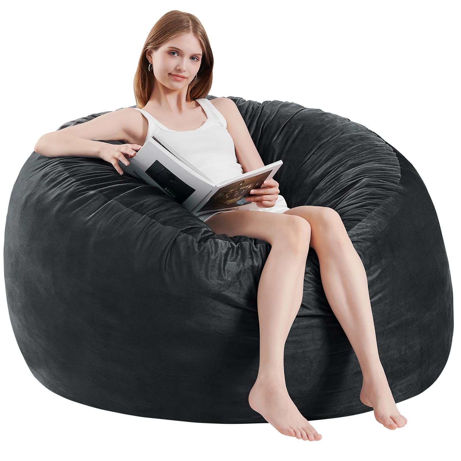 Bean Bag Chairs for Adults - Memory Foam Furniture BeanBag Chair - Kids/Teens Sofa with Soft Micro Fiber Cover - Round Fluffy Couch for Living Room Bedroom College Dorm - 4 ft, Carbon Black