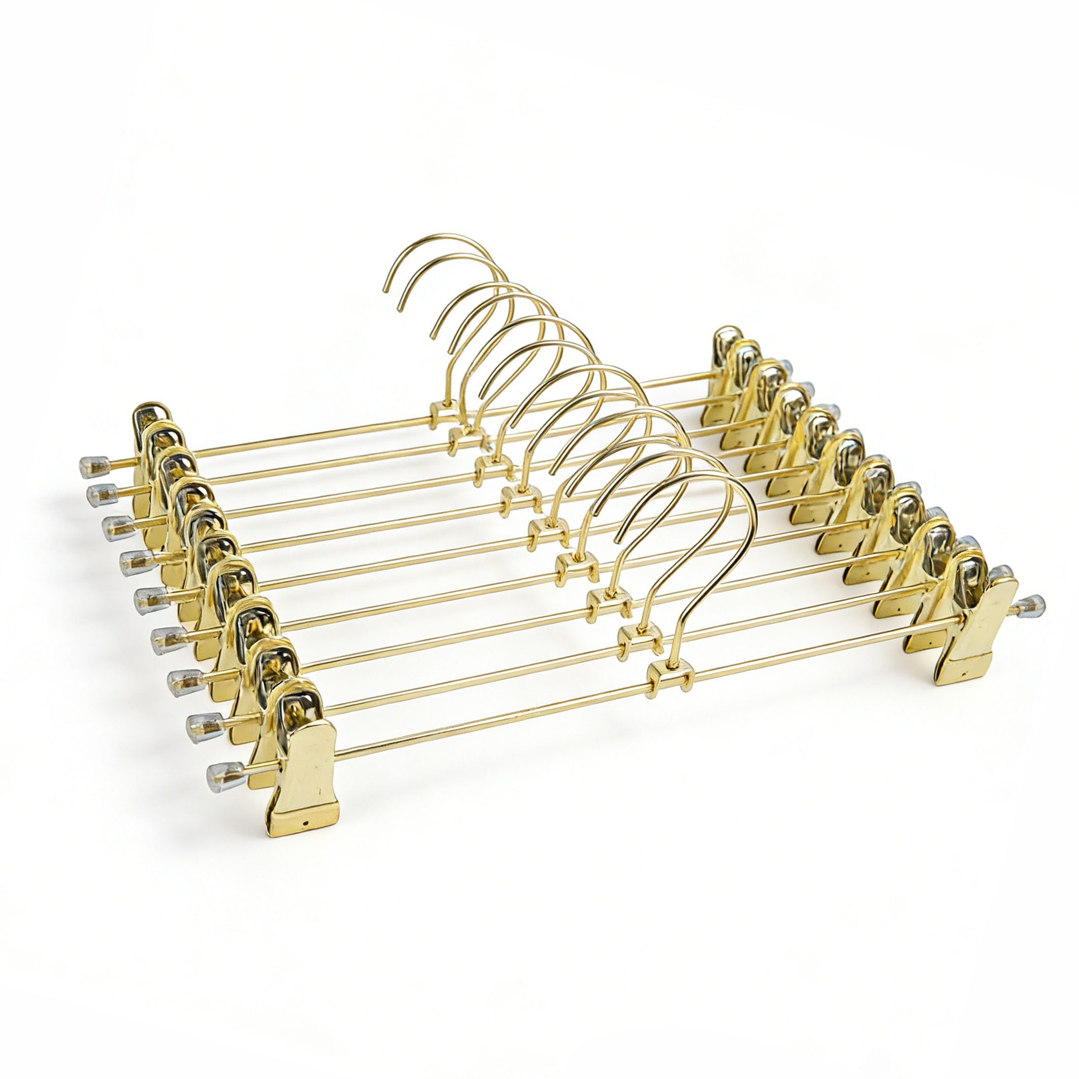 Colgador para pantalones, pantalones cortos y faldas de metal dorado de 34 cm, clips ajustables en la parte inferior, organización para colgar ropa o abrigo (30 paquetes)