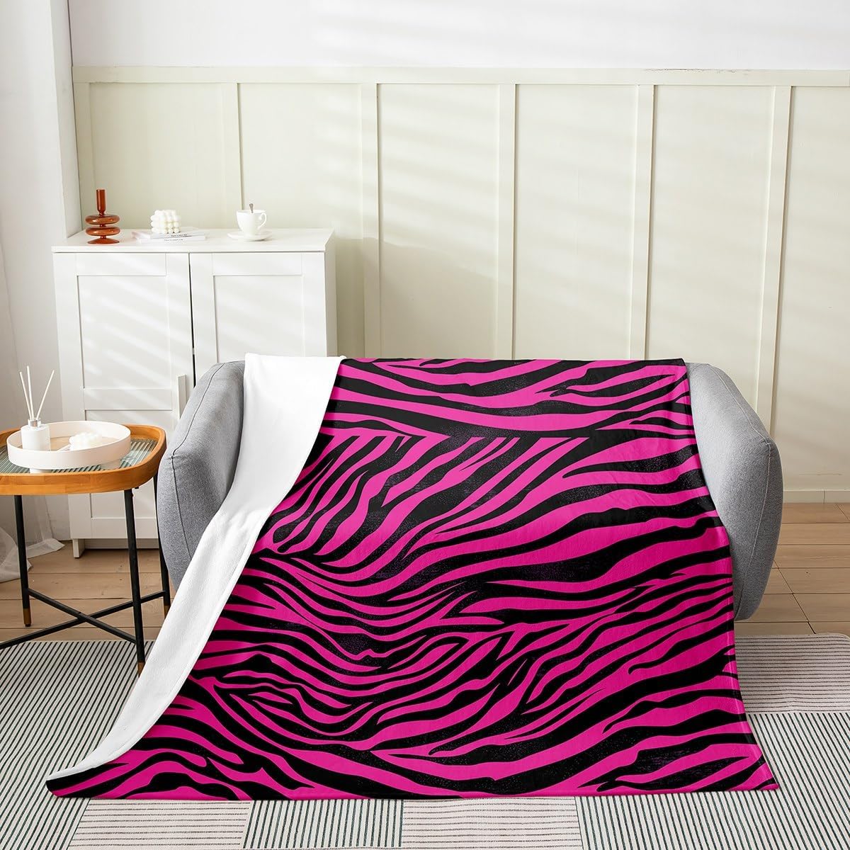 Feelyou Zebra Blanket Queen 90"x90" Animal Print Plush Throw Blanket for Kids Boys Girls Decor Hot Pink Flannel Fleece Blanket Abstract Art All Season Bed Blanket Stripes