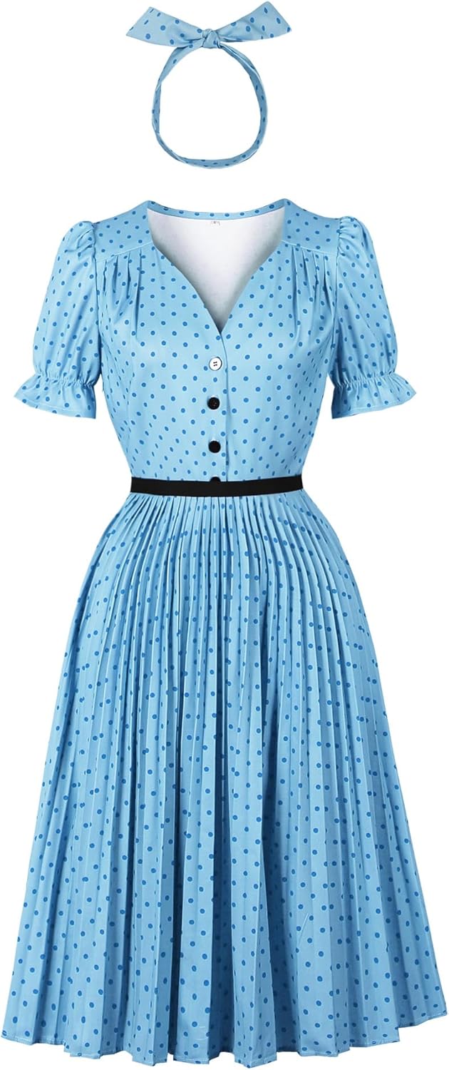 Wellwits Women's Polka Dots Ruffle Puff Sleeves Pleated Vintage Dress