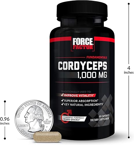 Miniatura 9 de FORCE FACTOR Cordyceps - Cápsulas de 3 unidades, con 1000 mg de extracto de hongo Cordyceps Sinensis, utilizado tradicionalmente para mejorar la