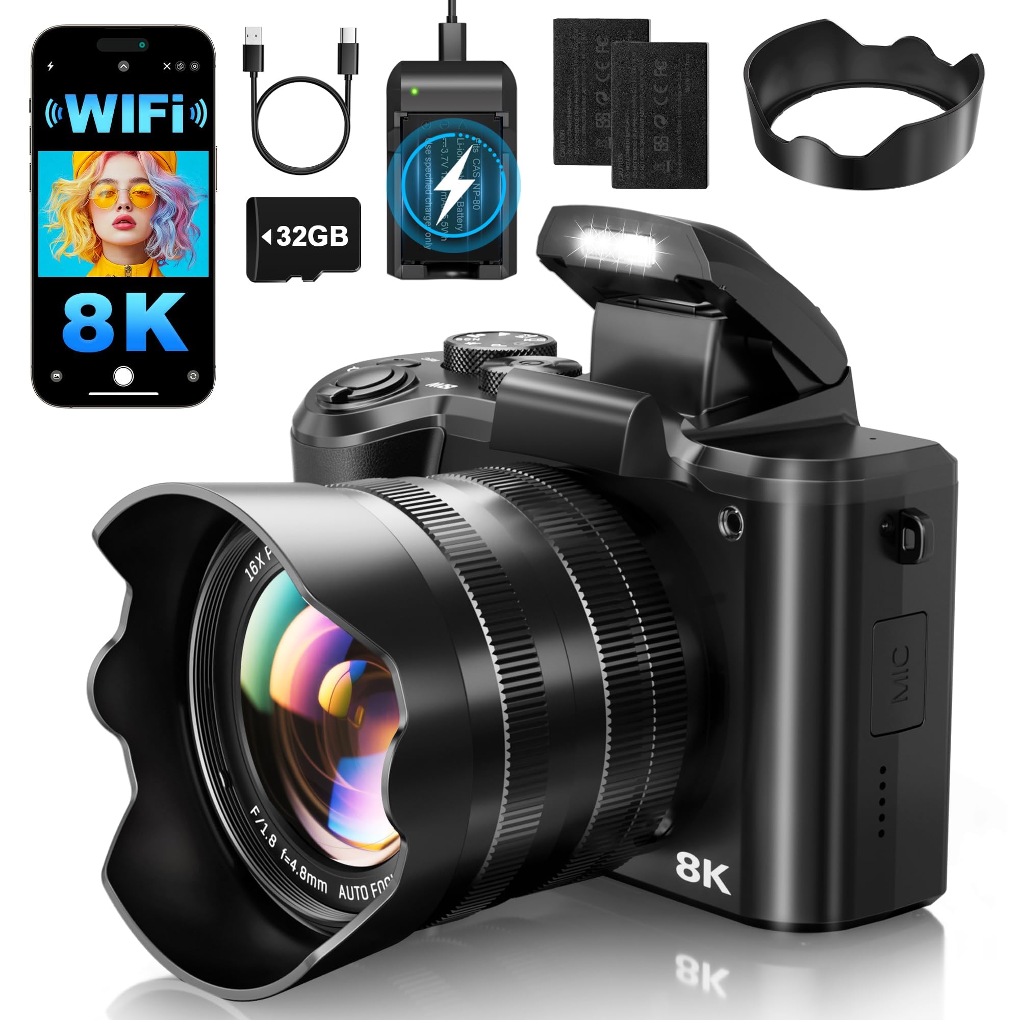 8K Digital Camera, 88MP Autofocus Cameras for Photography with Dual Lens | WiFi Vlogging Camera with 16X Digital Zoom,32GB TF Card,Lens Hood,Touch Screen,2 Batteries,Charging Stand-image-39