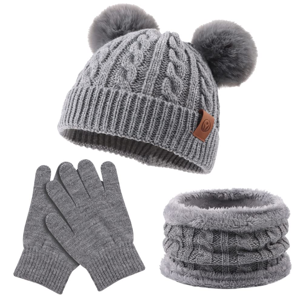 Yuoahcn Kids Winter Beanie Hat Scarf Gloves Set Knit Warm Toddler Winter Cap Gloves Neck Warmer for Boys Girls 1-8 Year