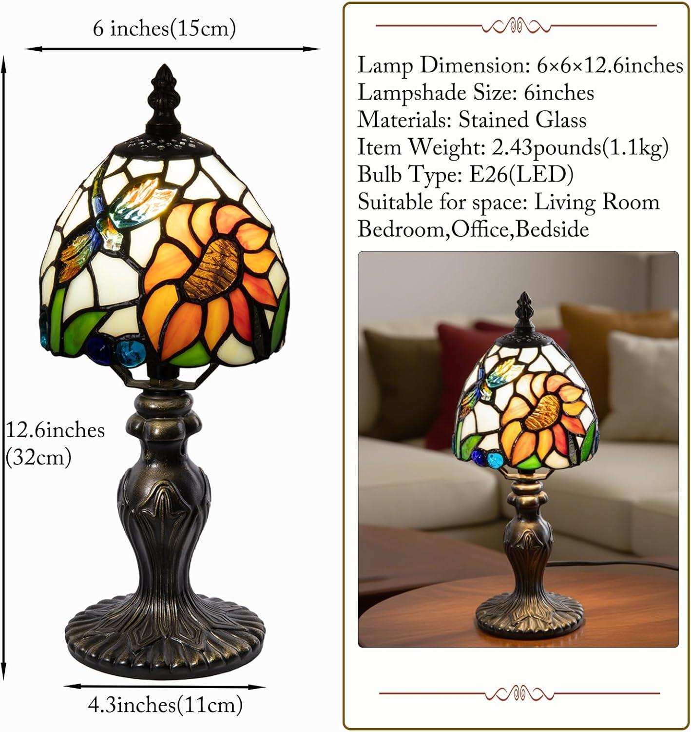 Small Stained Glass Lamp,6 inch Sunflower Tiffany Style 3-Color-Temperature Lamp, for Bedside Bedroom Living Room Office Decor Home, Include LED Bulb