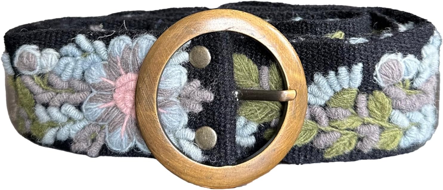 Handmade Peruvian Ayacucho Belt - Embroidered Belt for Women, Round Buckle, Floral Design, Adjustable, Durable