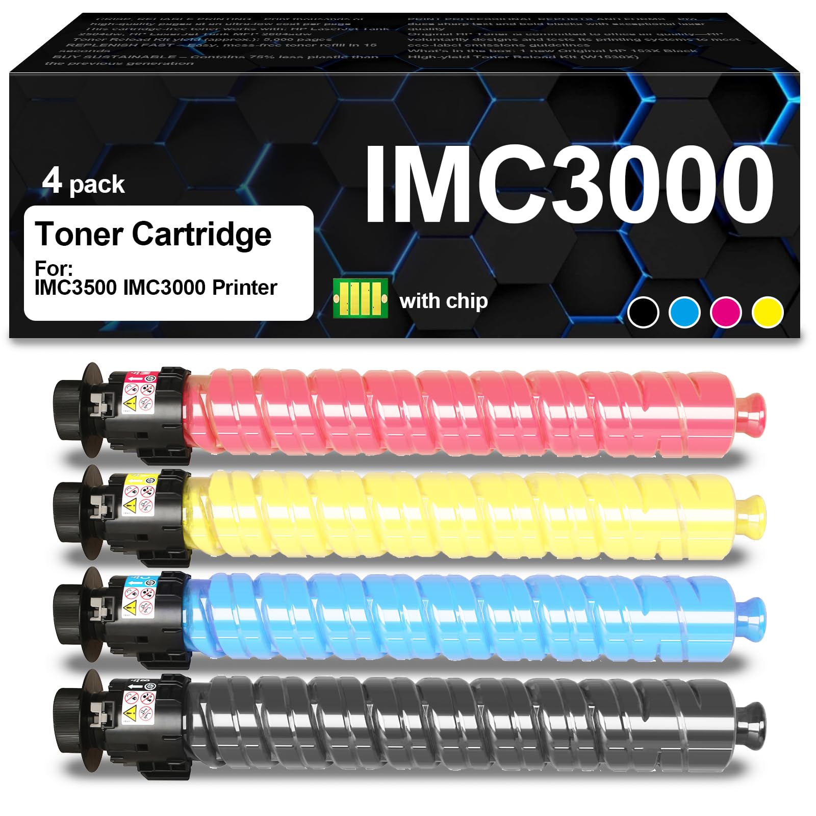Compatible with Ricoh IM C3000 Toner Cartridge IM C3500 Toner with Chip for IMC3000 IM C3500 Printers(4 Packs, Black Cyan Magenta Yellow,842251