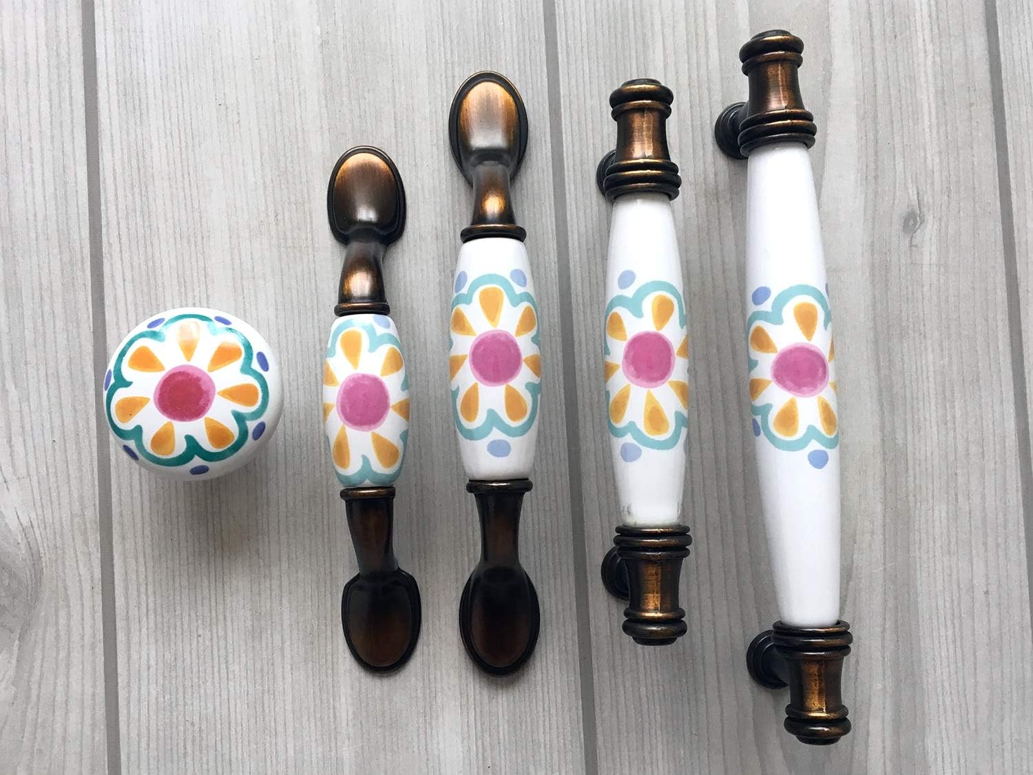 3" C-C Floral Cabinet Pull Blossom Dresser Pulls Dark Antique Brass Drawer Knob Cabinet Handle Porcelain Dresser Pulls Kitchen Door Handles Hardware 76 mm Centers (L:4.9" (125 mm)/C-C:3"(76 mm), A)