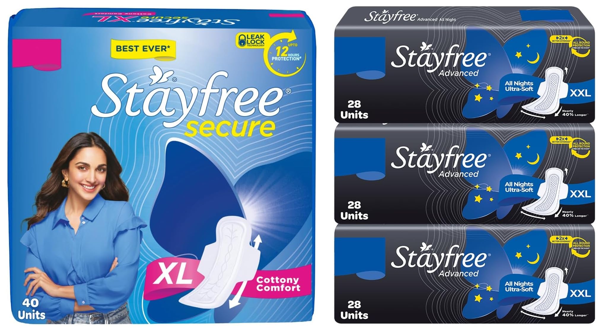 Advanced Ultra Napkin & Stayfree Secure xl | 40 Pads | Cottony Soft Sanitary Pads for Women | With LeakLock Technology | Odour Control