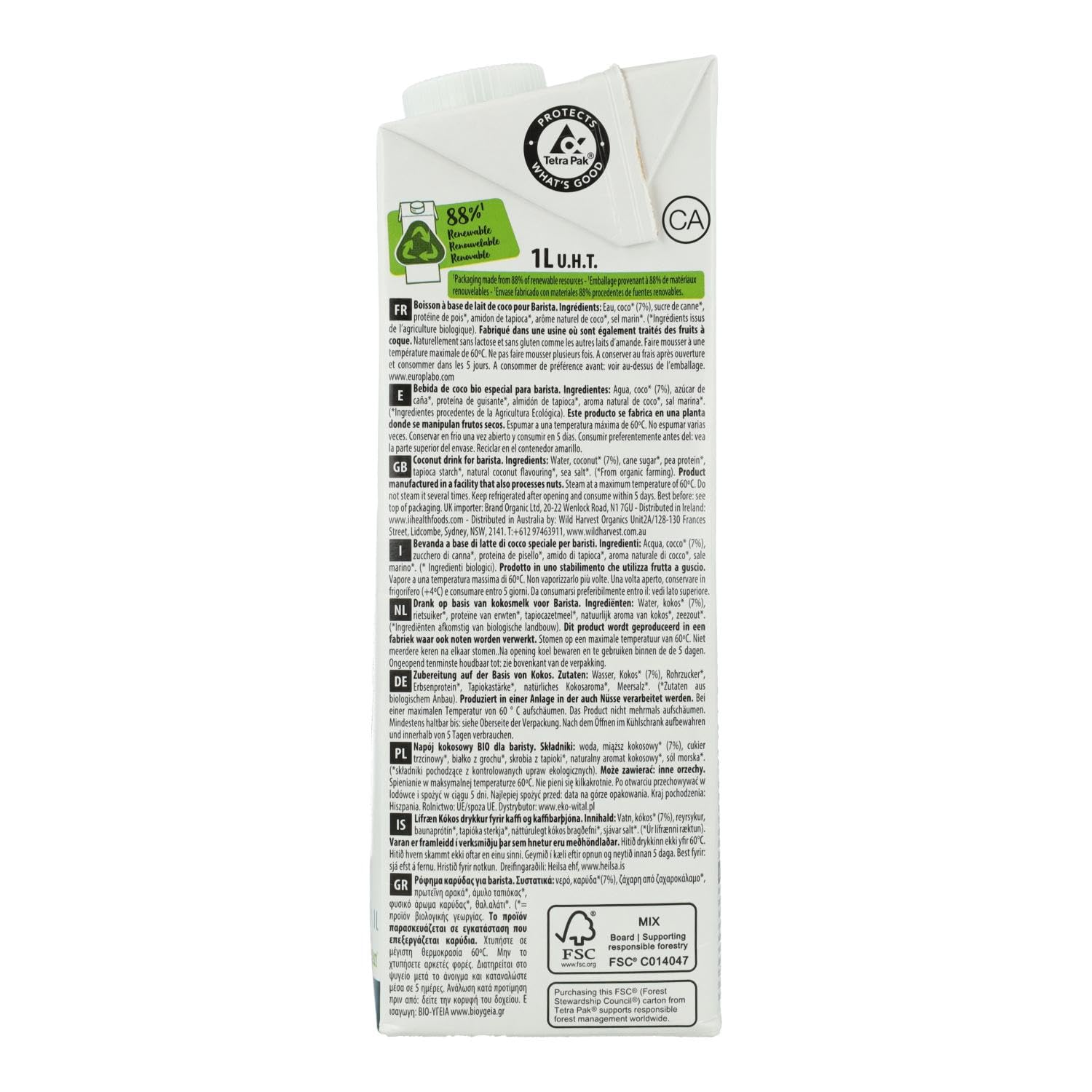 Ecomil Barista Coconut Bio 1L Bebida de Coco para Café Vegana Sin Lactosa Sin Gluten