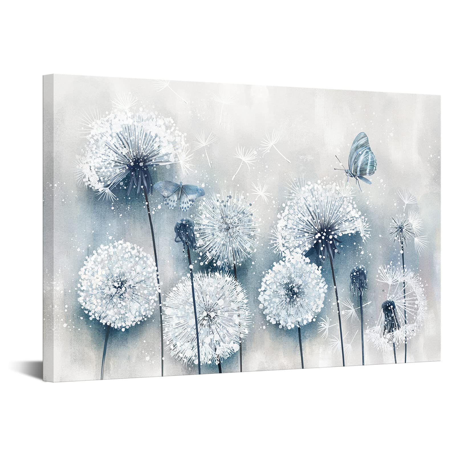 iHAPPYWALL Large Dandelion Canvas Wall Art Abstract Blue and White Dandelion Flower Butterflies Picture Artwork for Home Bedroom Kitchen Bathroom Decor Ready to Hang 24x36inch