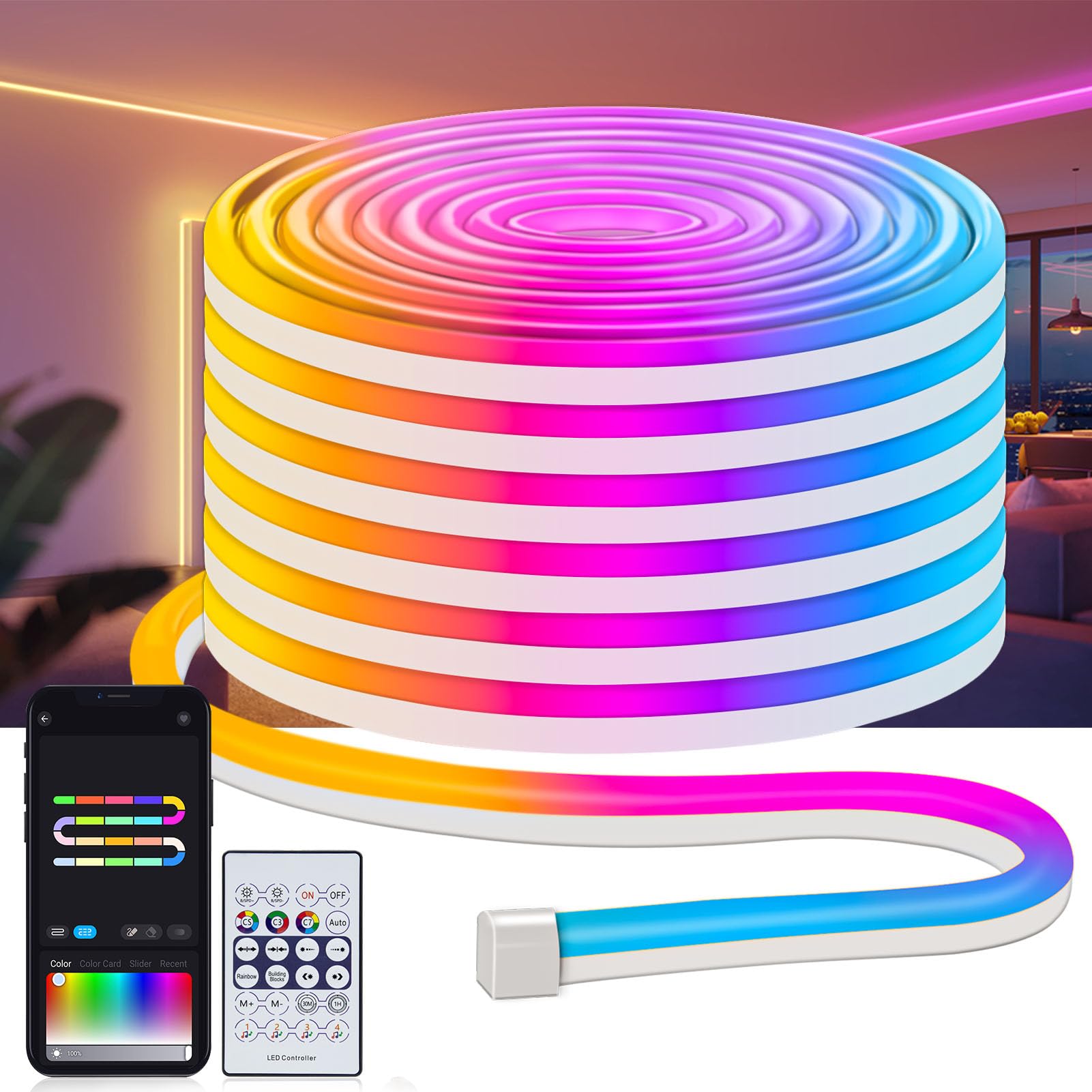 Danhh 32.8Ft Neon Rope Lights, Flexible Led Neon Lights with Remote APP Control, Multiple Modes Rope Light, 24V IP68 Waterproof, Music Sync RGB Led Rope Lights for Bedroom Outdoor