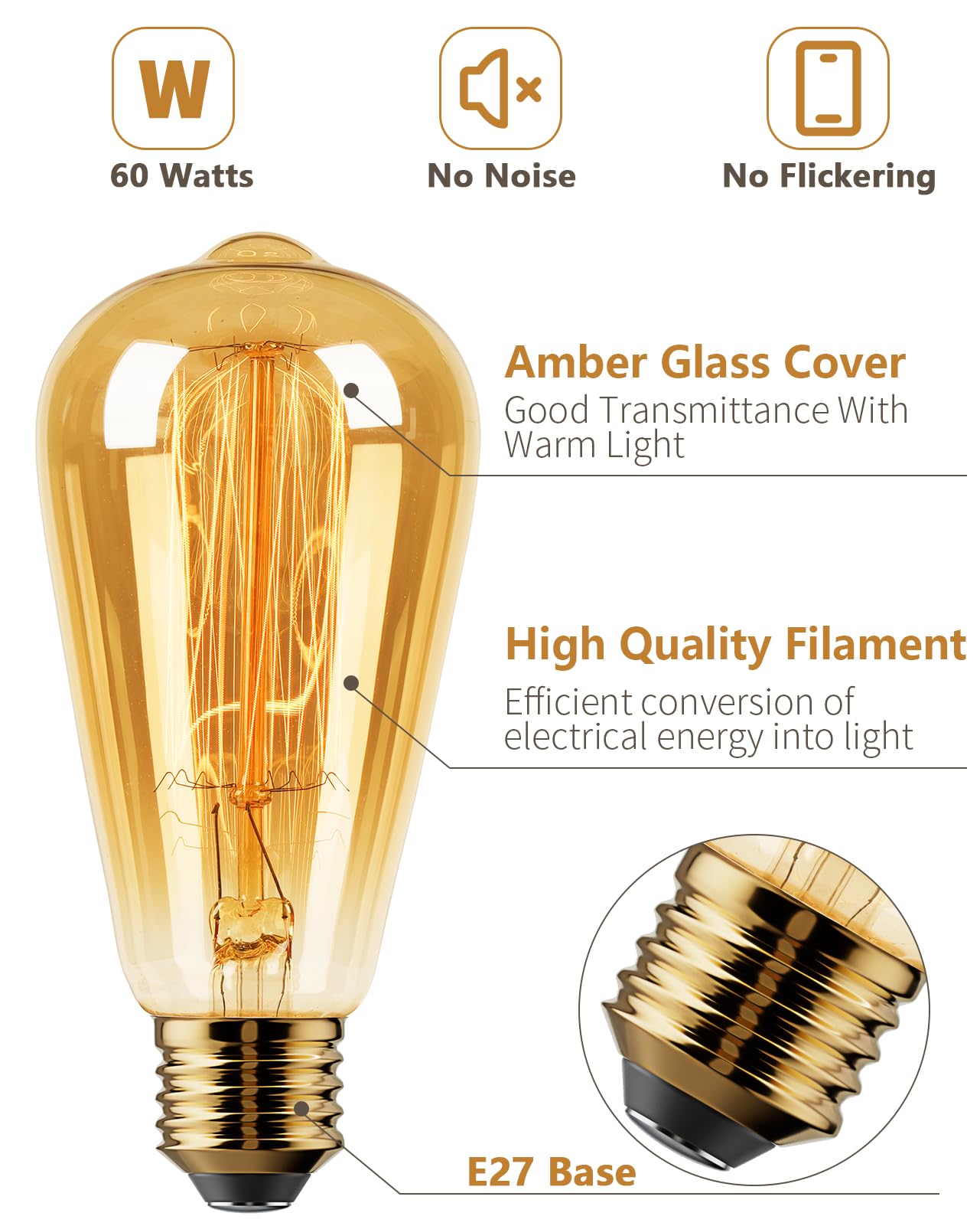 Vanke E27 Vintage Light Bulbs 60W Incandescent Edison Screw Decorative Filament Bulb 2200K Warm Light 180 Lumens Dimmable Pack of 3 - Image 3