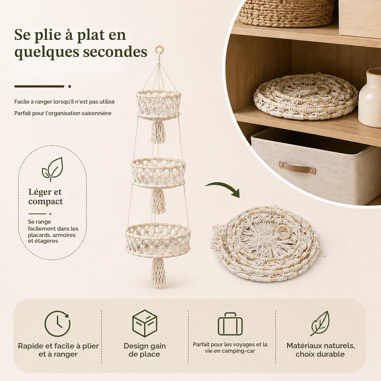2 Pièces Panier à Fruits Suspendu 3 Niveaux, Ø 20/25/30 cm, Beige | Corbeille à Fruits Suspendue en Corde de Coton, pour Cuisine, Salon, Salle de Bain, Chambre à Coucher, 110 cm