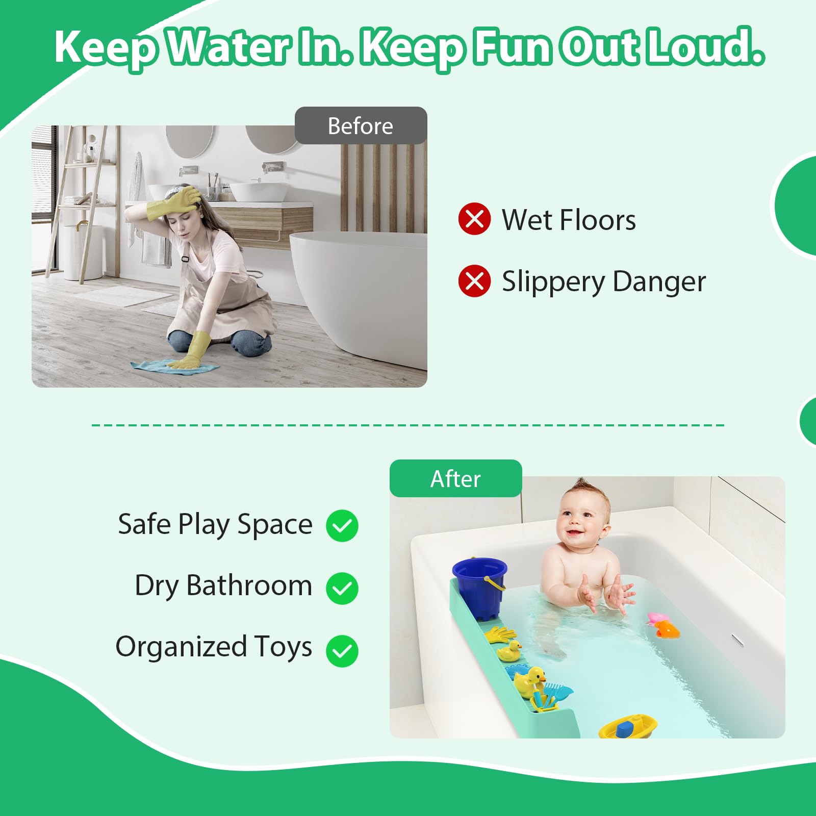 Paraspruzzi per vasca da bagno per bambini, barriera d'acqua extra larga 80 cm e vassoio da gioco, organizer sicuro per giocattoli, in silicone facile da pulire con ventose, accessori per
