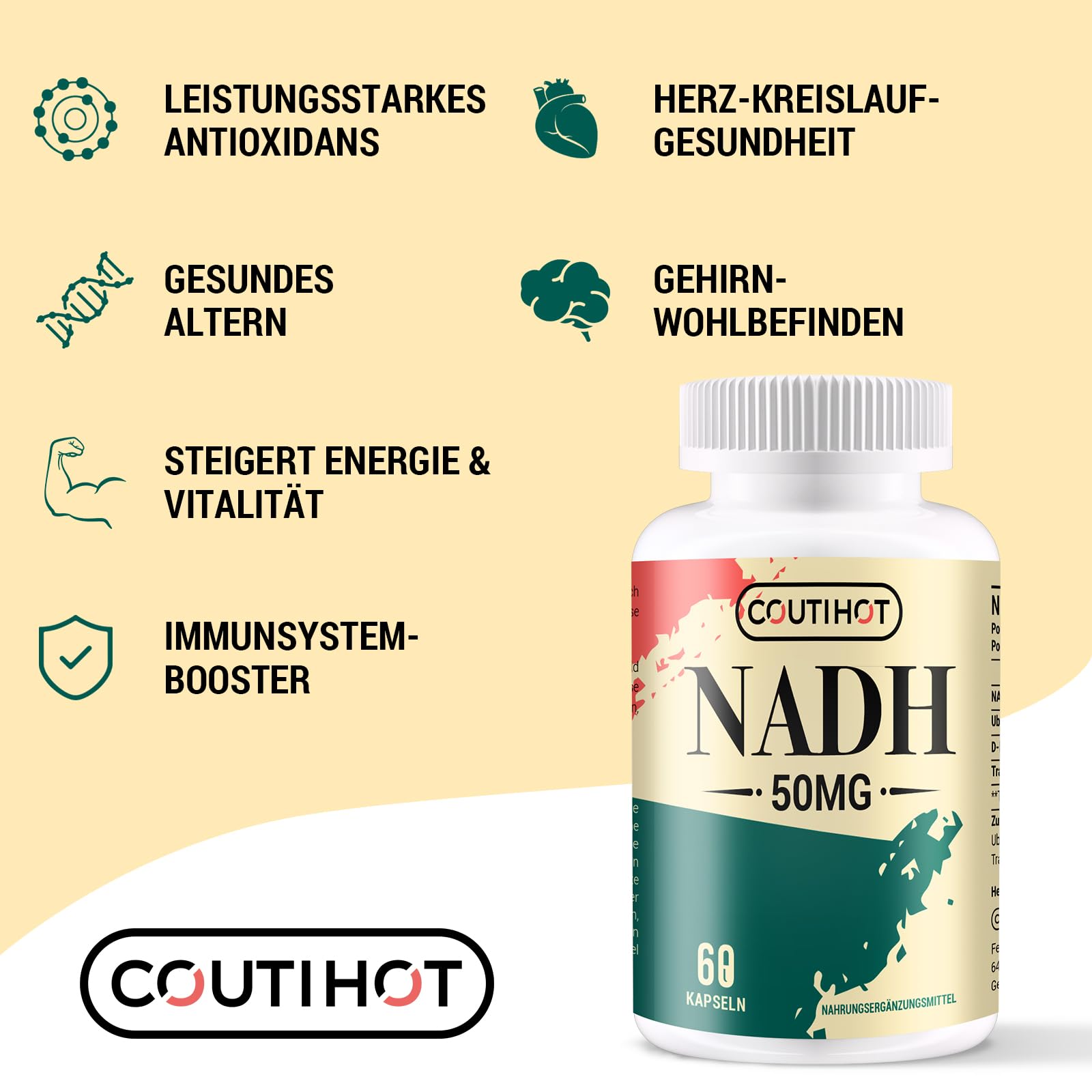 NADH 50 mg – 120 Kapseln, reduzierte Form von NAD+, hochdosiert mit Coenzym Q10 (200 mg) & D-Ribose (150 mg), GVO-frei, glutenfrei