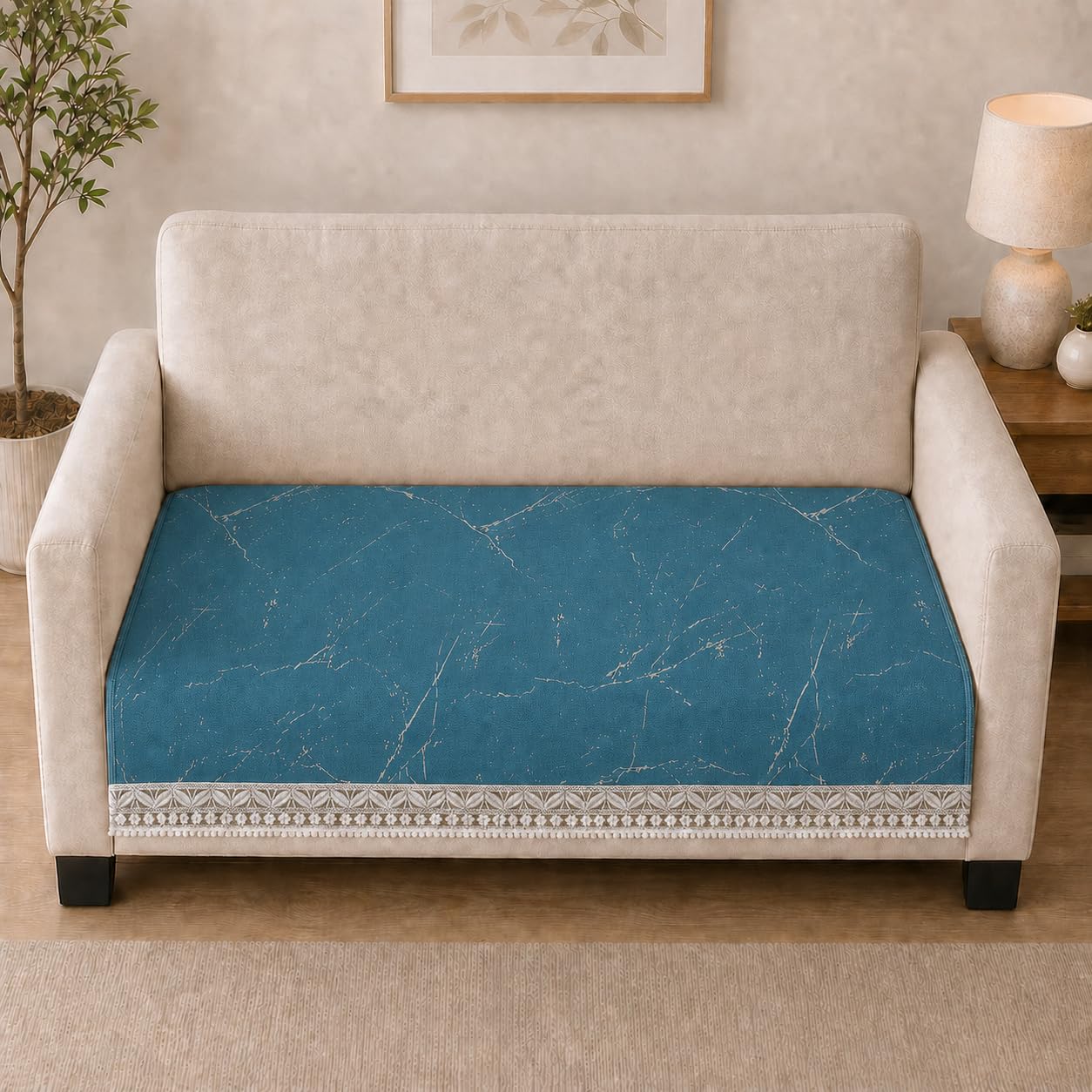 Clasiko Suede Velvet Sofa Mat 2 Seater | Marble Luxe - Aqua Blue | Anti Skid & Machine Washable Sofa Cover Protector-image-38