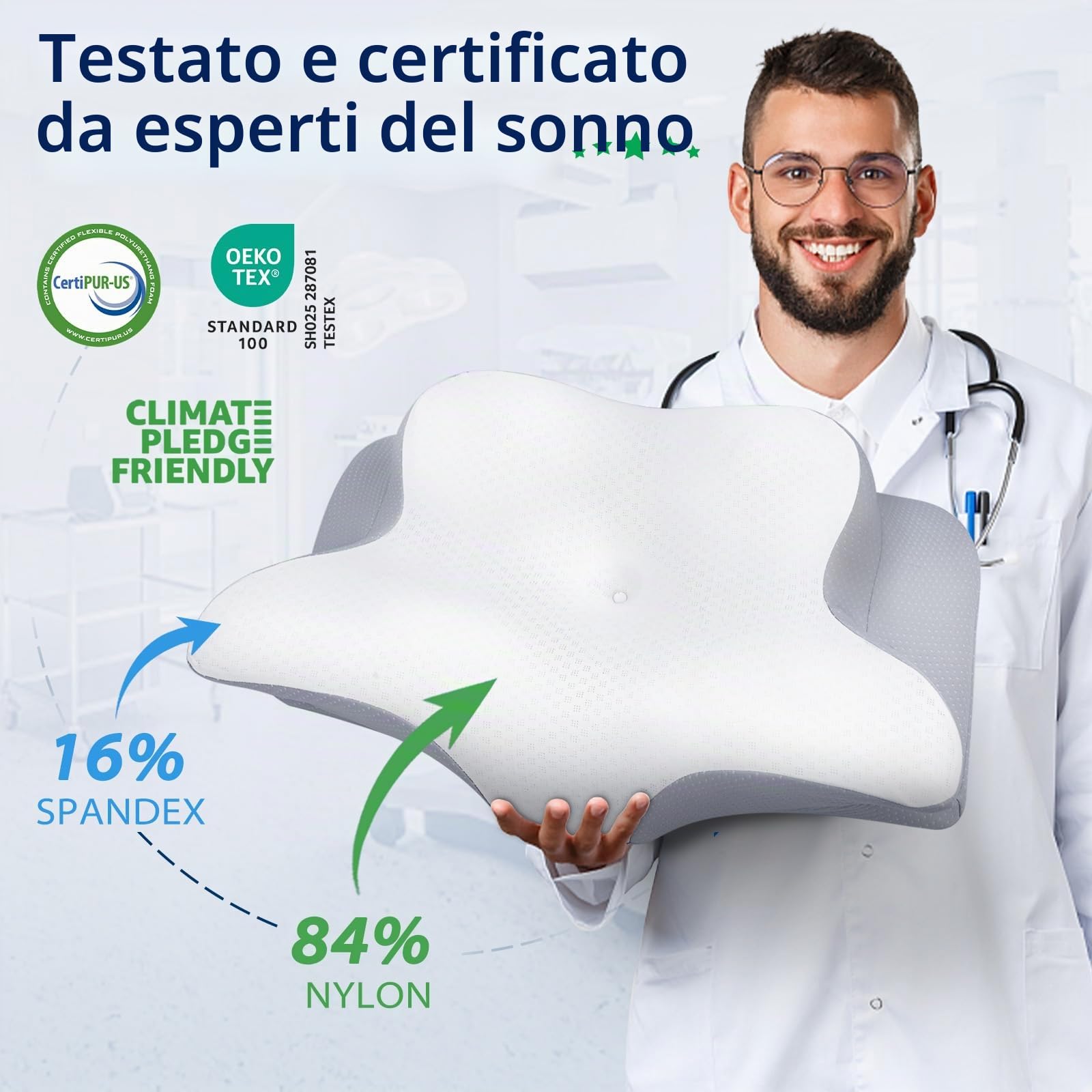 HOMCA Cuscino per il collo Cuscino per la testa, in memory foam Cuscino ergonomico per la testa Cuscino di raffreddamento 3D per la schiena, il fianco o la posizione prona, 62 x 41 x 11/13 cm