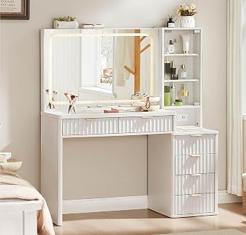 LEYAOYAO Fluted Makeup Vanity Desk with Mirror and Lights, 43.5 Blue Vanity Table with Glass Top and Power Outlet, Make Up Vanity with 6 Drawers and Adjustable Shelves for Bedroom