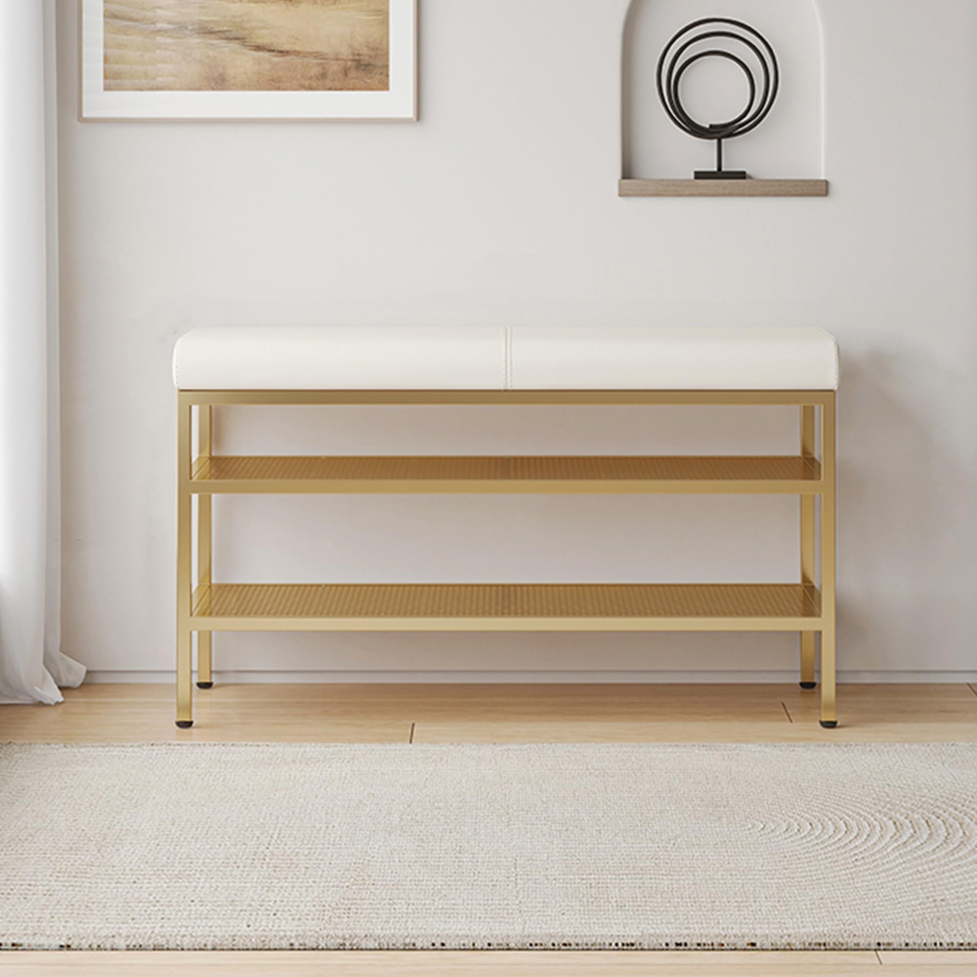 Banc de rangement à chaussures design ouvert blanc et or pour sublimer le hall d'entrée