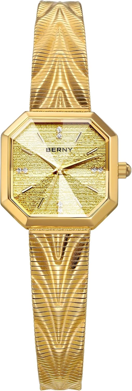 BERNY Vintage Gold Watches for Women, Octagonal Dainty Women's Wrist Watch, Ladies Analog Quartz Watches for Small Wrists, Waterproof All Stainless Steel Sunray Dial Luxury Birthday Present - Image 6