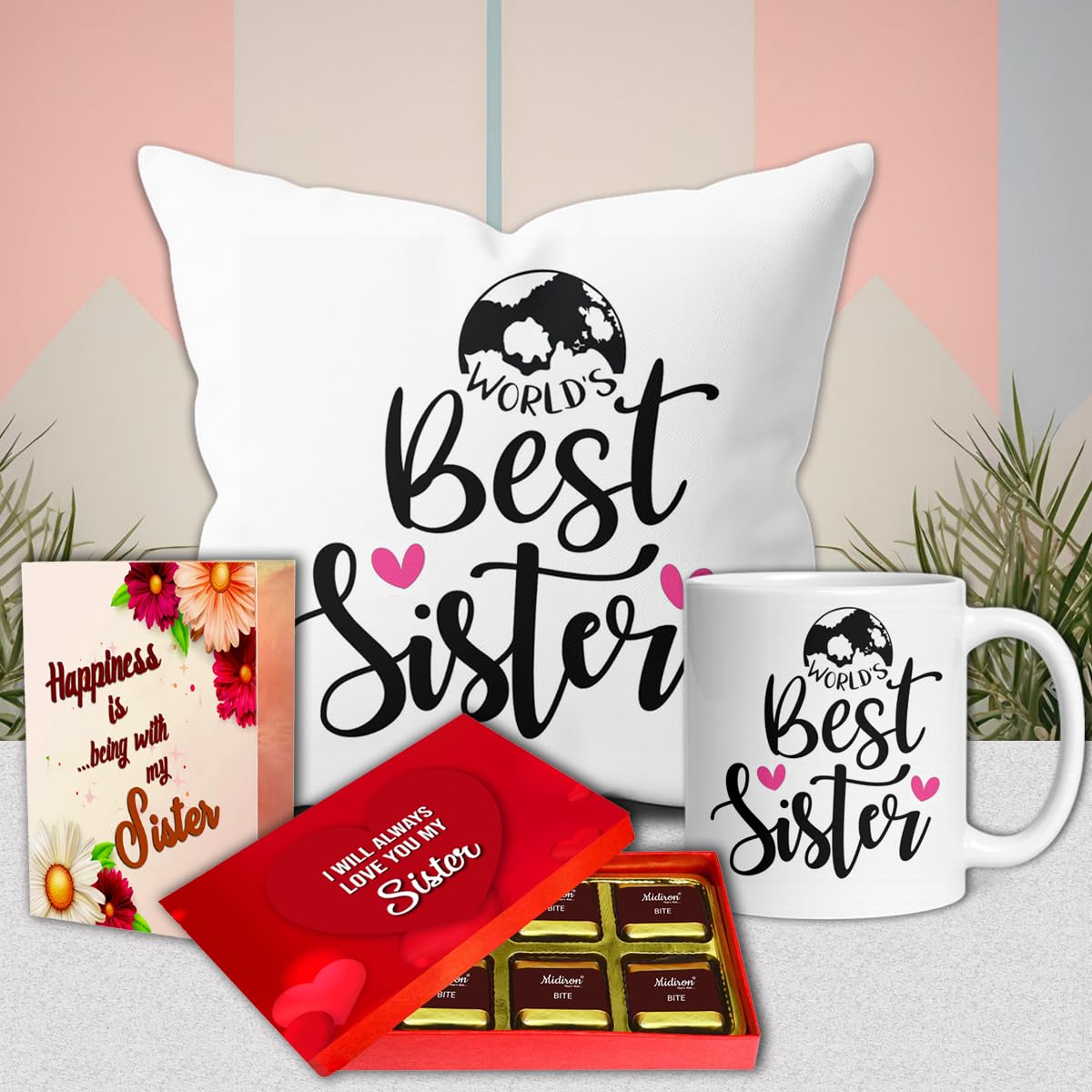 Midiron Premium Raksha Bandhan Chocolate Combo for Sister | Soft Cushion, Tea Coffee Mug, Sweet Chocolate Box & Greeting Card Set-image-1