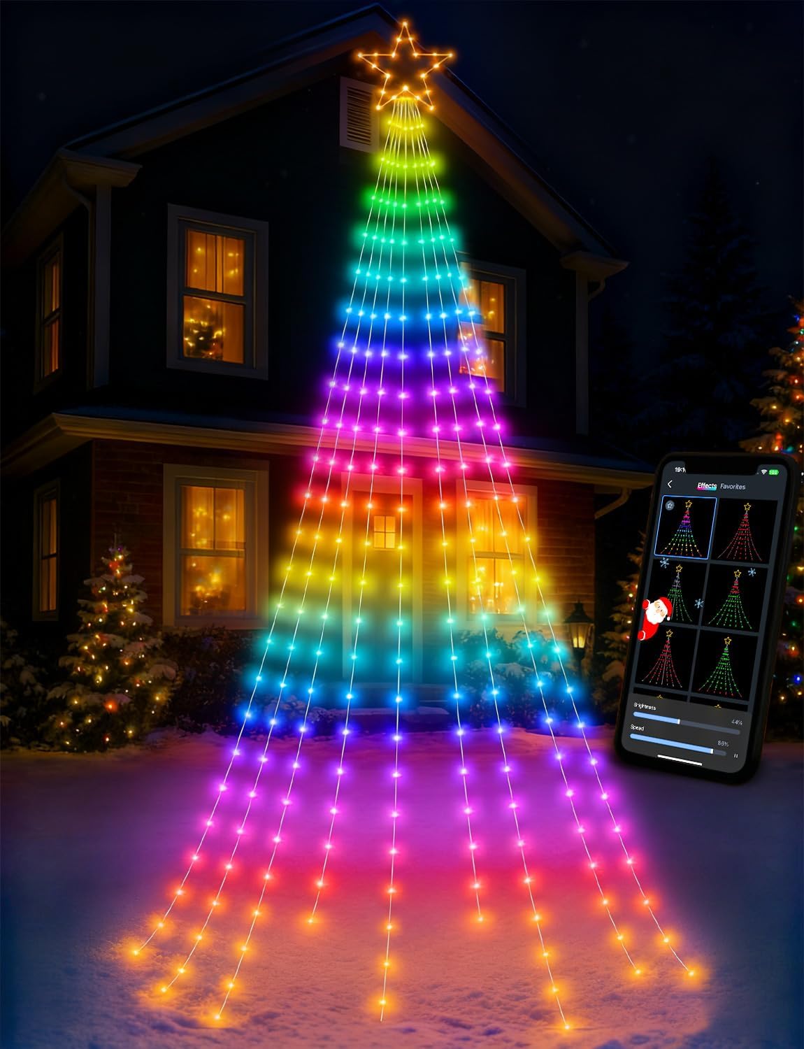 Popotan Christmas Decorations Outdoor, 12FT 344LED Christmas Tree Outdoor Lights with APP Remote, RGB DIY 64 Modes Music Timer, Smart Waterfall Christmas Lights for Yard Tree Lawn Patio Display
