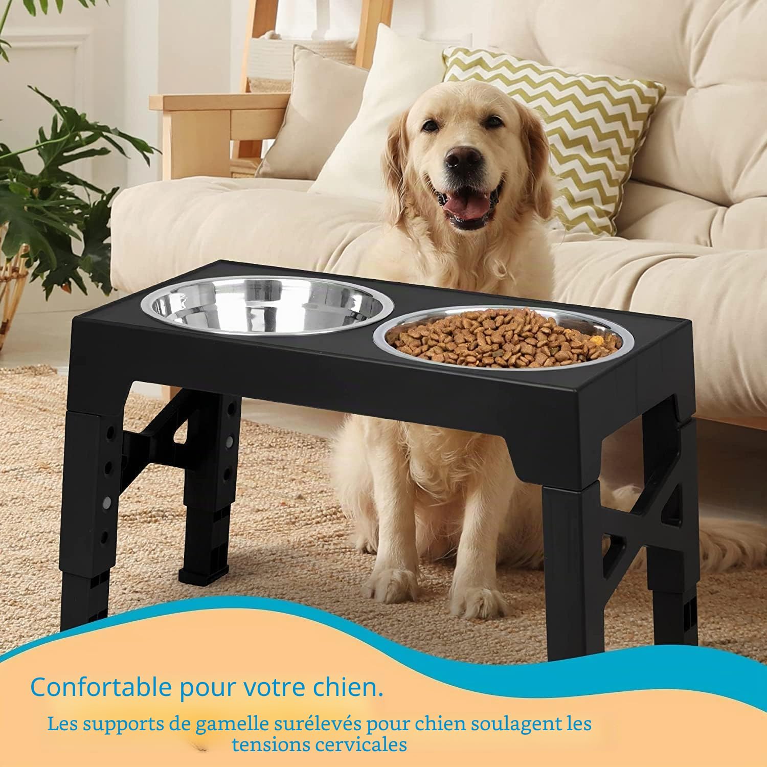 Romicta Gamelle surélevée pour Chiens de Grande Taille avec 2 gamelles en Acier Inoxydable de 1200 ML et 1 Gamelle Anti-Glouton - pour Chiens de Taille Moyenne et Grande - 5 hauteurs réglables