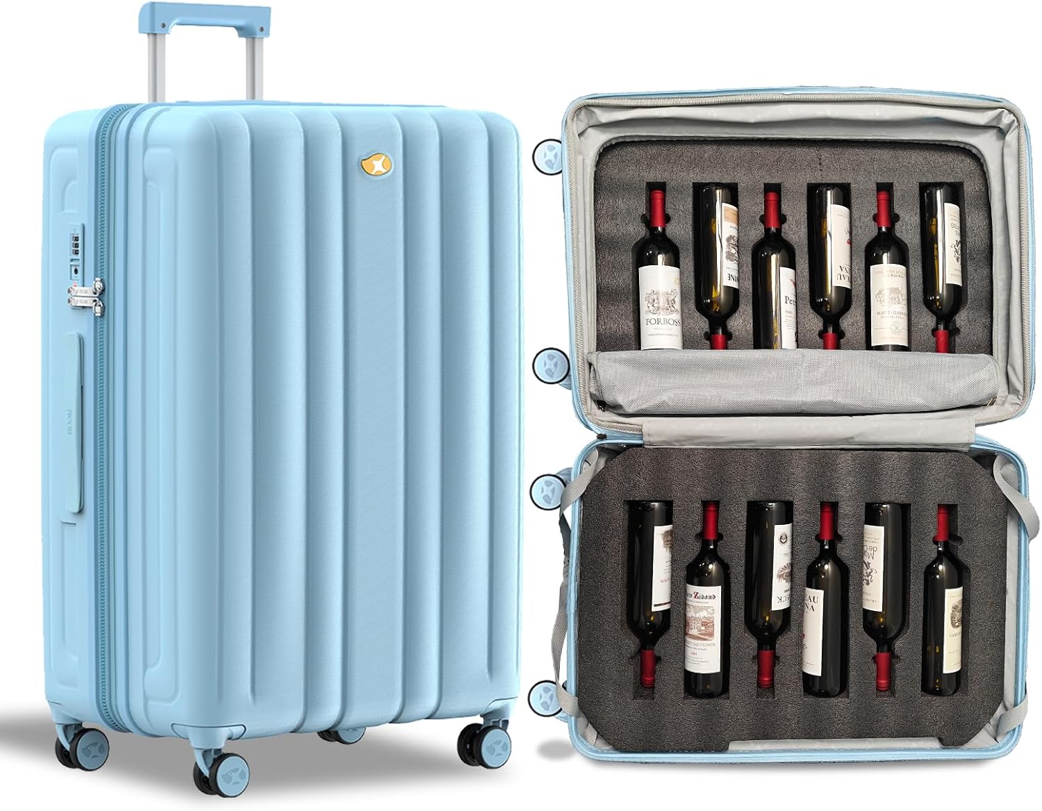 Wine Suitcase for Airplanes, 12 Bottle Capacity, Durable Wine Shipping Box, Wine Travel Case with TSA Lock, Versatile Wine Carrier with Removable Inserts and Silent Spinner Wheels(Aqua Blue)