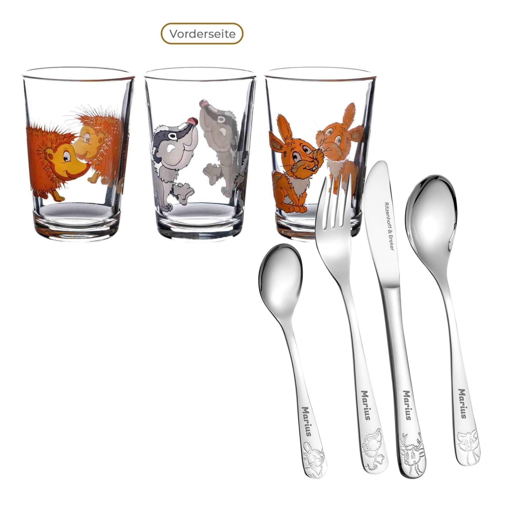 4 tlg.-Kinderbesteck & 3x Gläser mit Gravur, Waldtiere | Personalisiertes Set aus Besteck & 3x Kindergläser (205 ml) mit Namensgravur, Geschenk zur Taufe, Kindergarten & Einschulung
