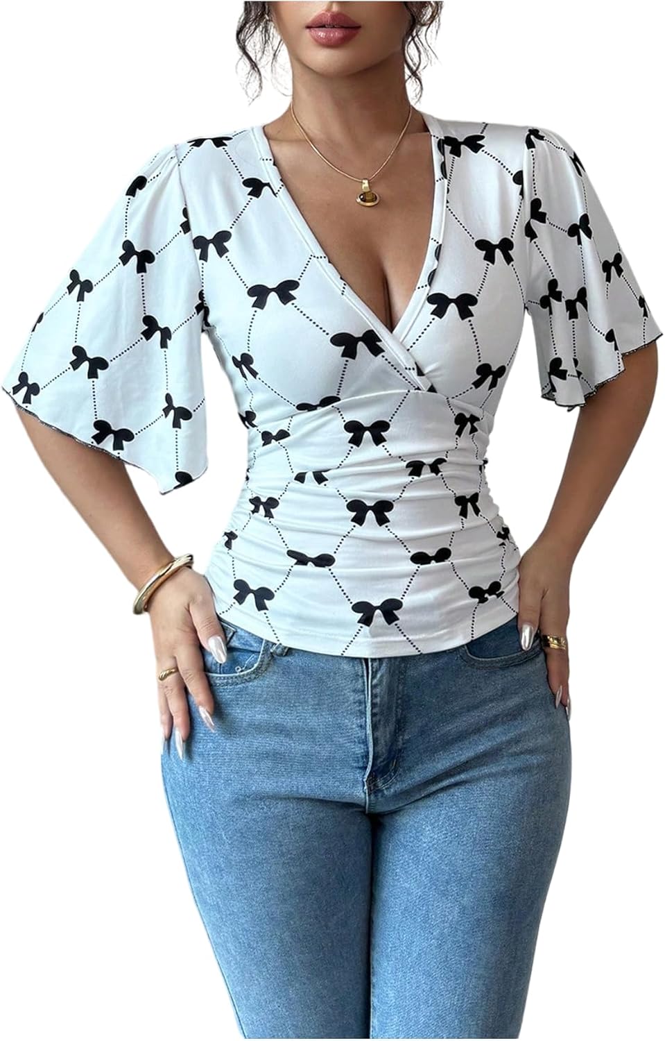 Milumia Women's Bow Knot Ruffle Short Sleeve Wrap Blouses V Neck Fitted Casual Shirts