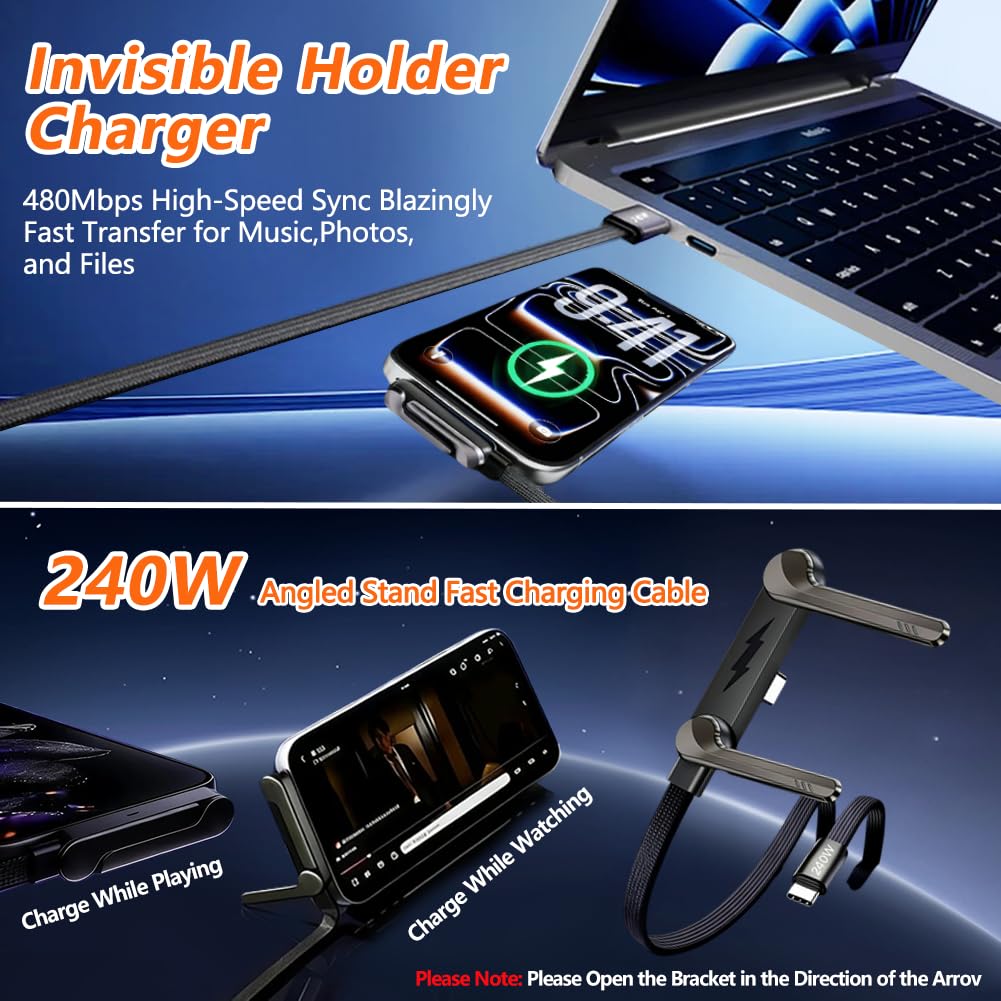 2PCS Sideways Phone Charger with 5PCS Silicone Cable Ties, 240W Invisible Stand Charging Cable with 360° Adjustable Metal Stand，Fast Charging Cord with Built-in Phone Stand for Smartphones Tablets