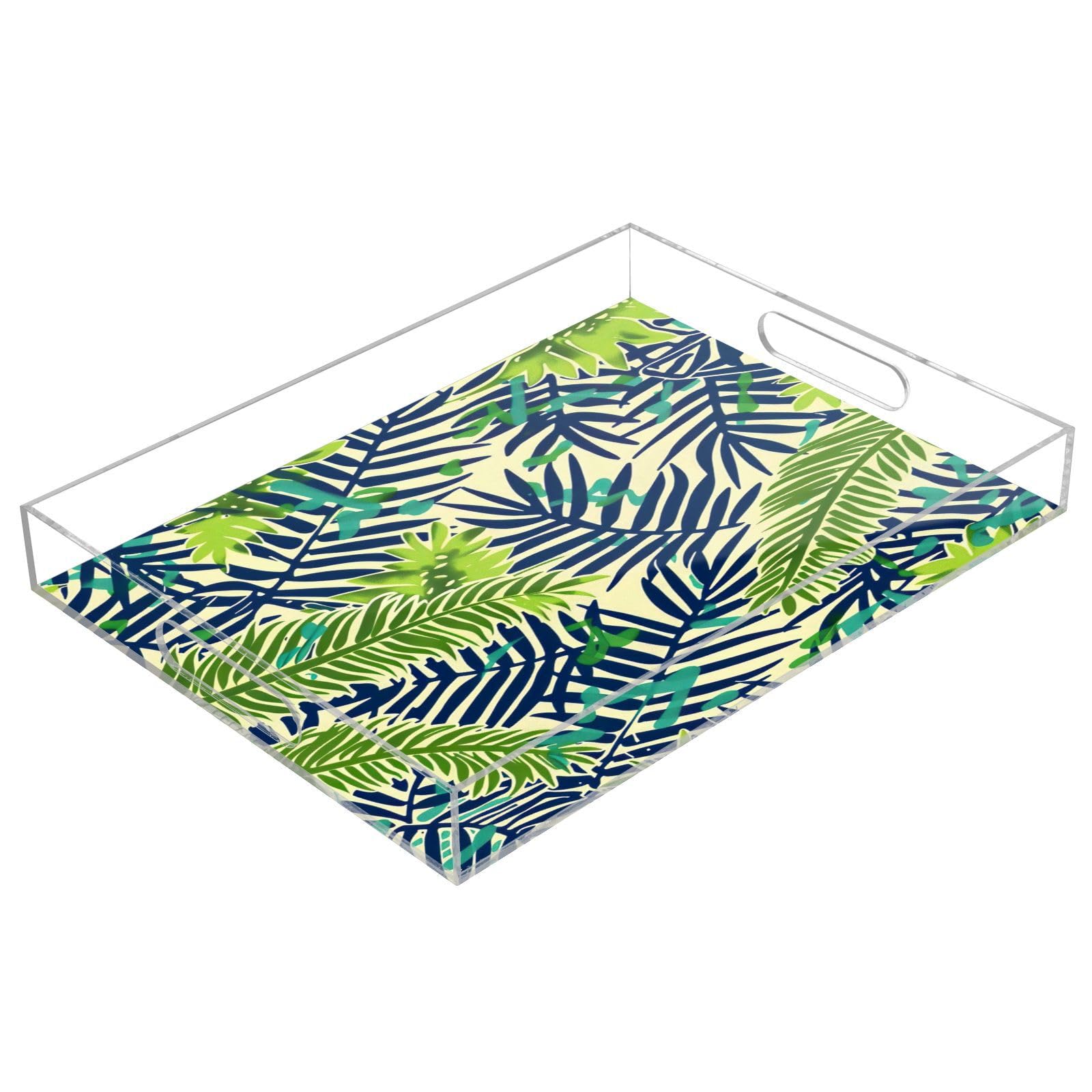 WELLDAY Palm Leaf Green Serving Tray, Clear Acrylic Decorative Tray - Sturdy Huge Capacity Serving Platters/Kitchen Countertop Tray/Vanity Table Tray 12