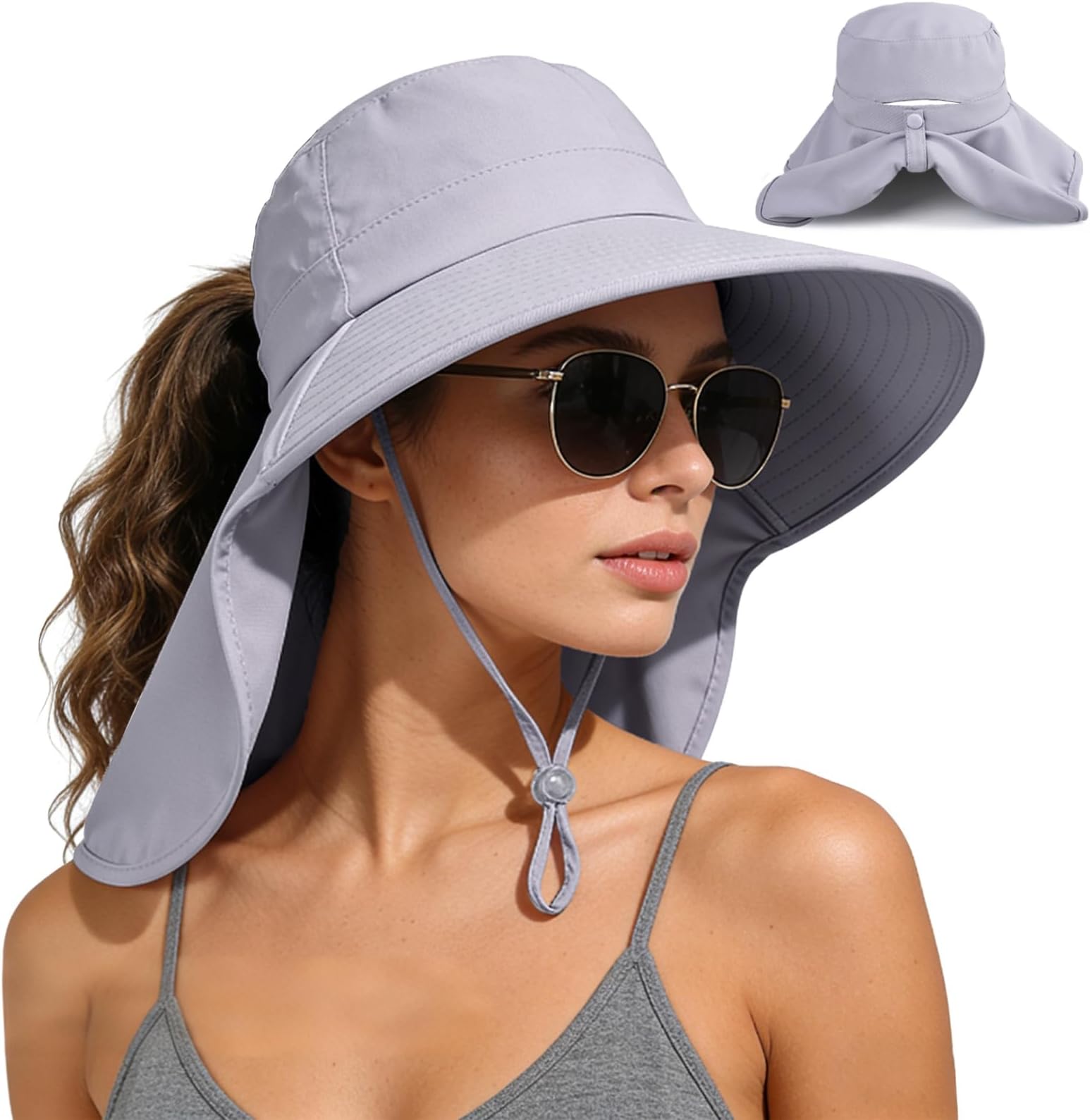 Sun Hats for Women with Neck Flap Ponytail Hole Women Sun Hats Rollable UV Protection Fishing Hats Wide Brim UPF 50+